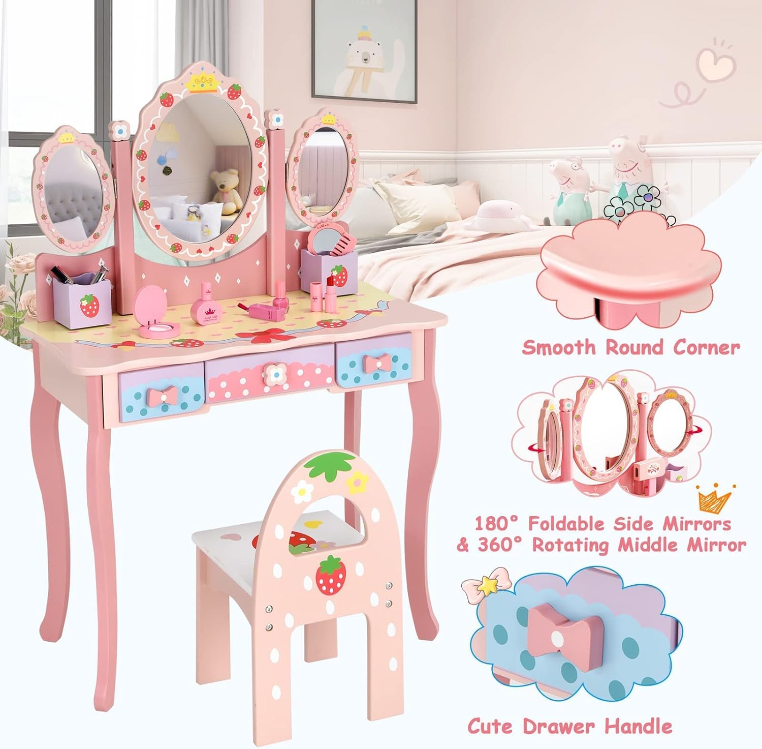 MAT EXPERT Kids Vanity, Strawberry Princess Toddler Vanity, Makeup Dressing Table w/Tri-Folding Oval Mirror, 3 Drawers, Accessories & Detachable Top, Girls Vanity with Mirror and Stool