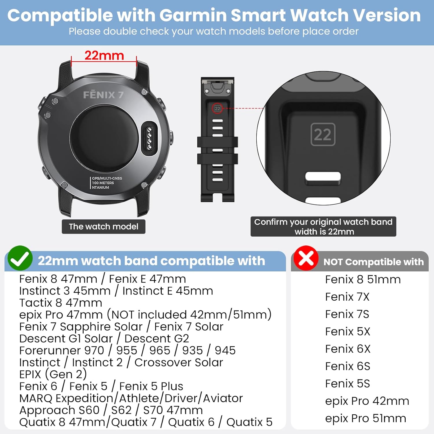 Hook and Loop Nylon Band Compatible with Garmin Fenix 8 47mm Band/Fenix 7 6 5/Fenix E 47mm/Instinct 2/Instinct 3 45mm, 22mm Quick Dry Garmin Watch Strap for Forerunner 955 965 945 935 - Image 2