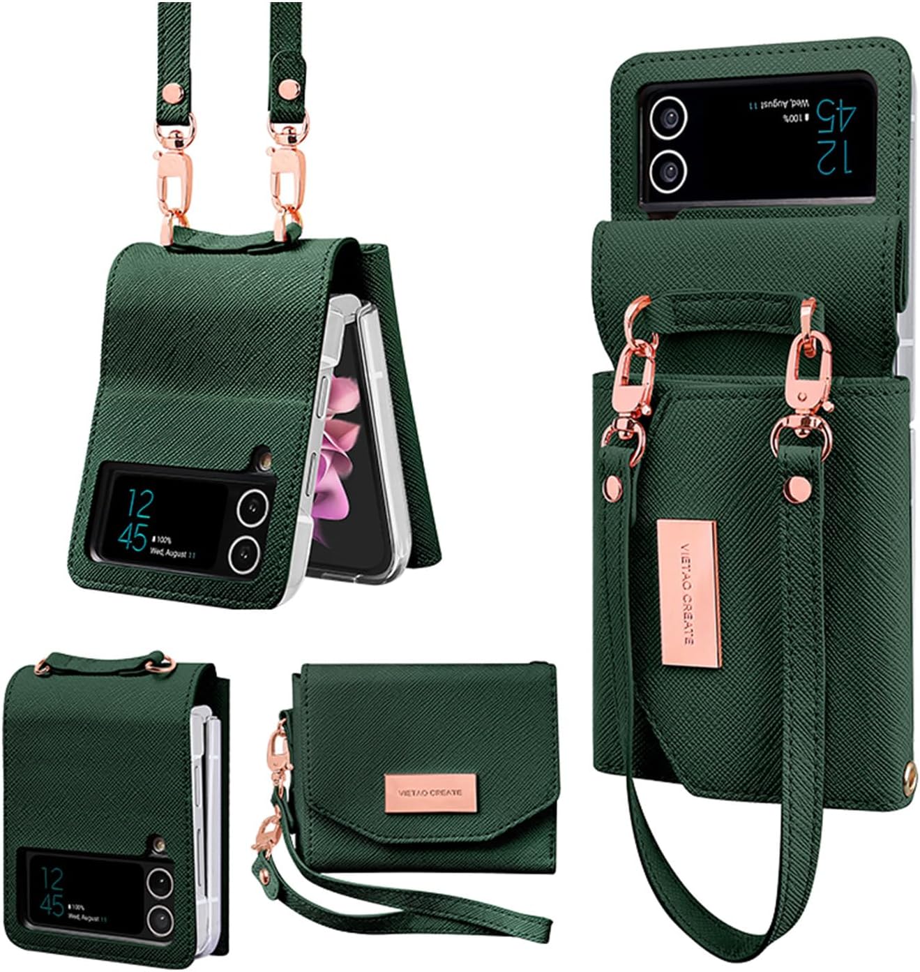 for Samsung Galaxy Z Flip 4 Wallet Case with Built-in Leather Cash Slot and Credit Card Holder. Wristlet Strap and Hinge Protection, Carrying Handbag Phone Case for Women Ladies.(Rose Gold)