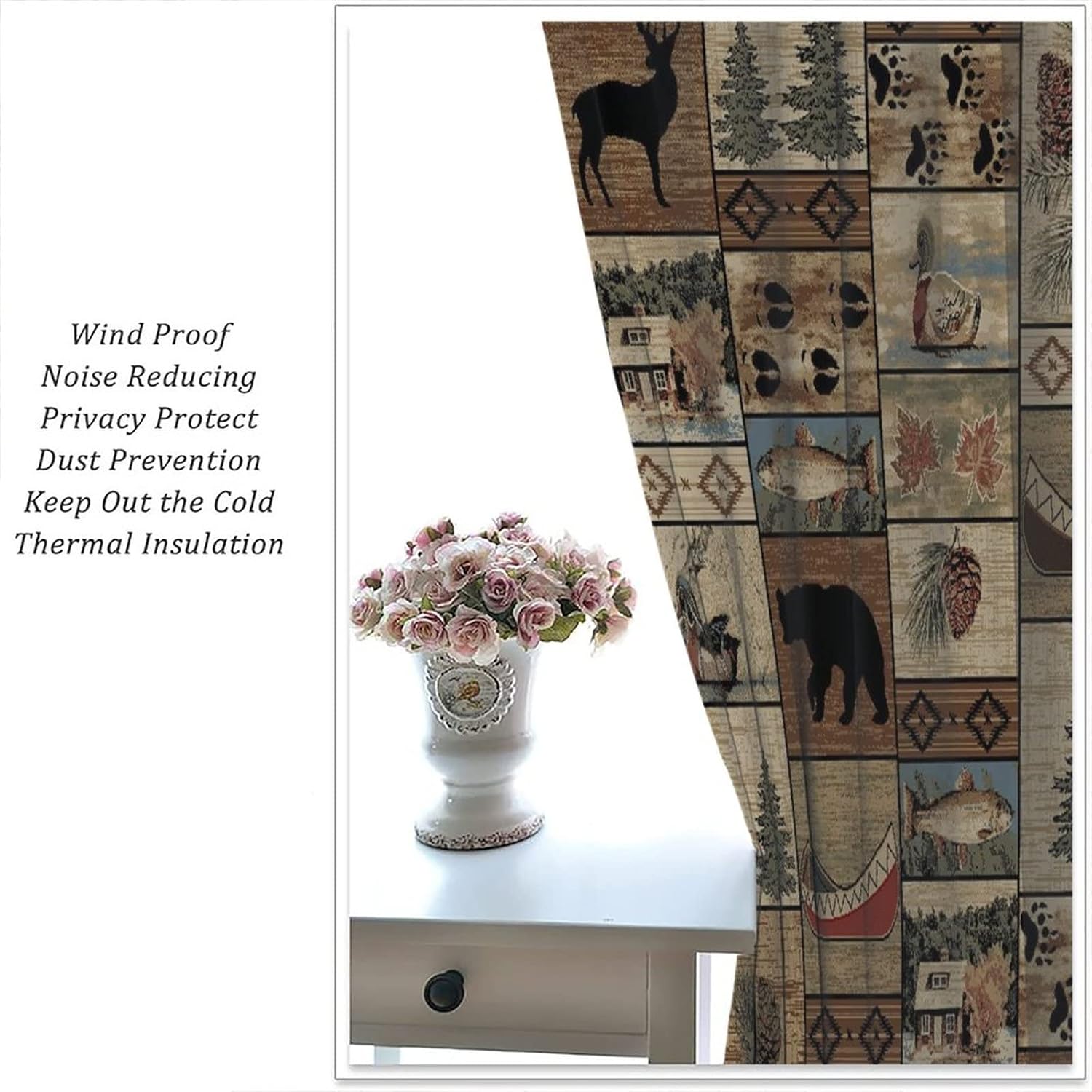 Farmhouse Curtains,Rustic Retro Cabins Forest Bear Deer Elk Pine Cones Patchwork Blackout Room Curtains for Home Kitchen Office Coffee Room Window Curtain Drapes 2 Panels 42x45in