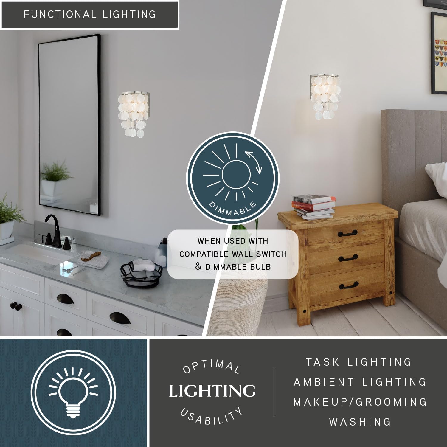 VAXCEL Elsa 1-Light 6.5 inch Wide Satin Nickel Glam Bathroom Vanity Lighting Fixture, Capiz Shell Shade, Dimmable, LED Compatible, Wall Mounted Steel Sconce