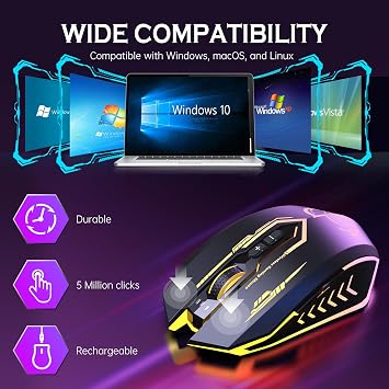 UHURU Wireless Gaming Mouse, Rechargeable 10000 DPI LED PC Mouse