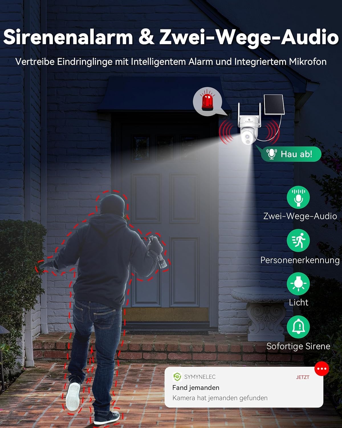 SYMYNELEC 2K Überwachungskamera Aussen Akku Solar 5GHz/2,4GHz WLAN | Kamera Überwachung Aussen Kabellos, 360° PTZ, KI-Bewegungserkennung, Farbnachtsicht, Zwei-Wege-Audio, Alexa, IP65, 2 Stück