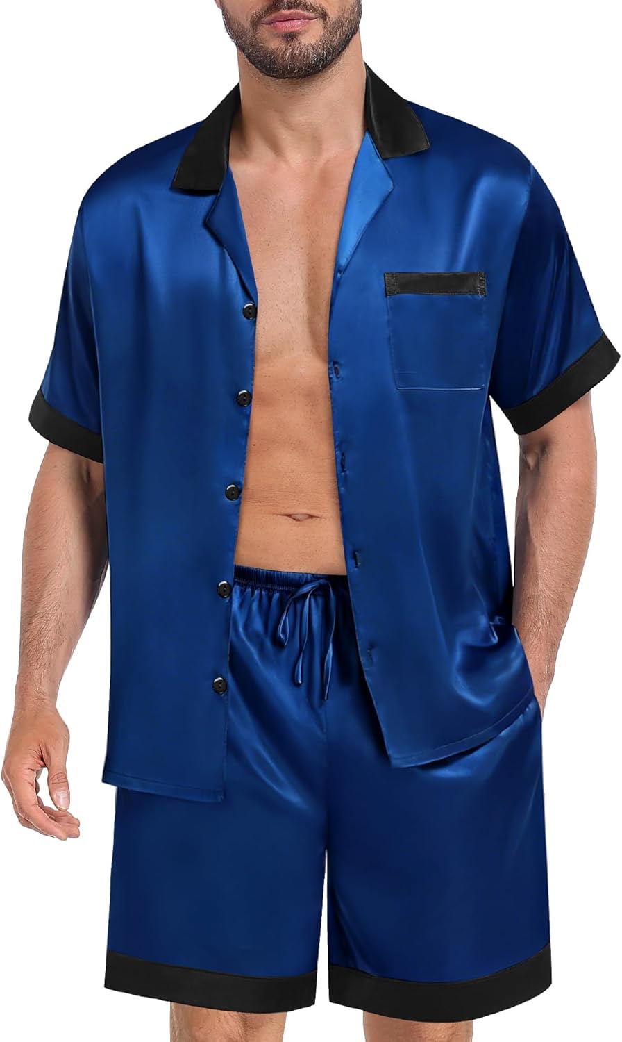 SWOMOG Men Satin Silk Pajamas Sets with Pockets Short Sleeve Button-Down PJs Sets 2 Piece Summer Sleepwear S-XXL