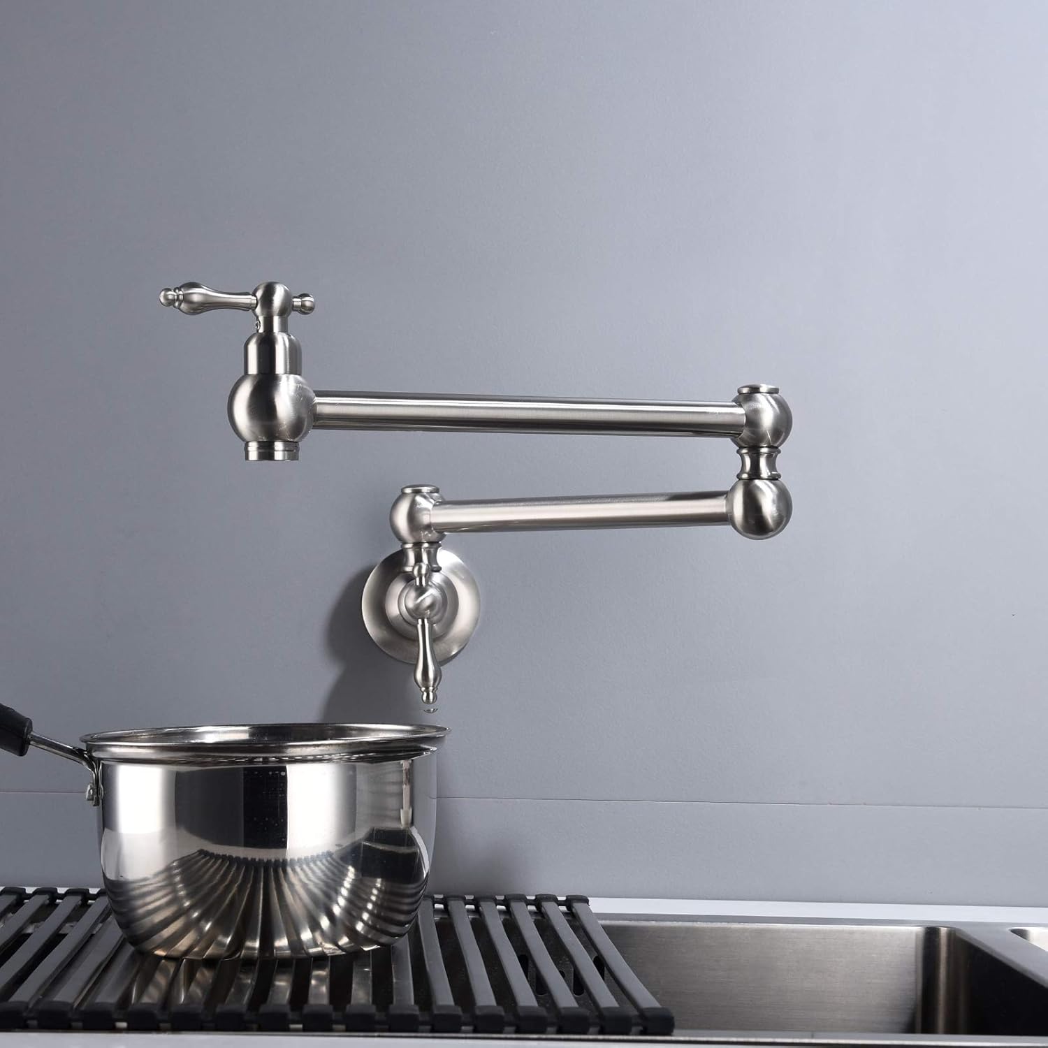 Uр Tо 40% оƒƒ Tecmolog Wall Mount Kitchen Faucet 1/2”NPT Brass Folding Pot Filler Tap Single Hole Kitchen Sink Tap for Cold Water, Nickel, CT170NA