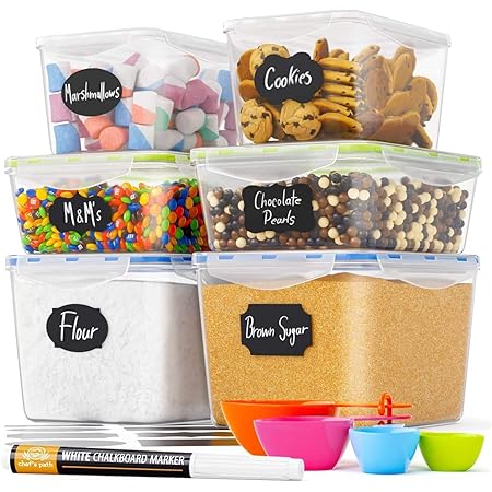 Food Storage Containers - Pantry Organization and Storage - Great for Flour, Sugar, Baking Supplies - Airtight Kitchen Bulk Food Canisters - BPA-Free - 6 PC Set - Spoons, 8 Labels & Pen Chef's Path
