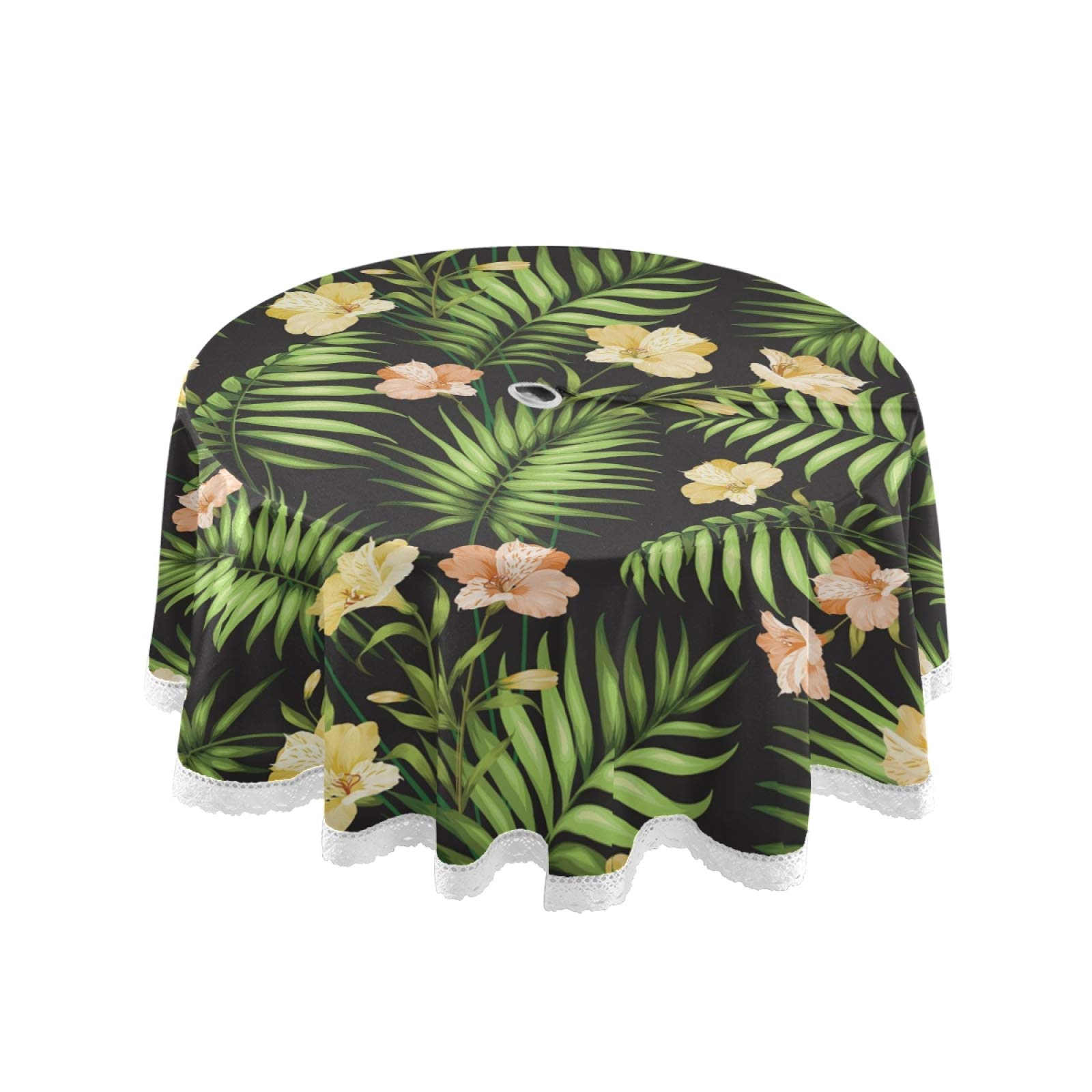 xigua Indoor Outdoor Spillproof Round Tablecloth Waterproof with Zipper Umbrella Hole Patio Table Cloths,Backyard Parties Spring/Summer Picnic BBQs - Tropical Flower Palm Lea