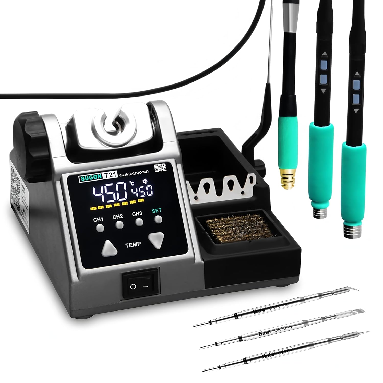 SUGON T21 Soldering Station Compatible Original Soldering Iron Tip 210/245/115 Handle Control Temperature Welding Rework Station(T21-210+3Tips)