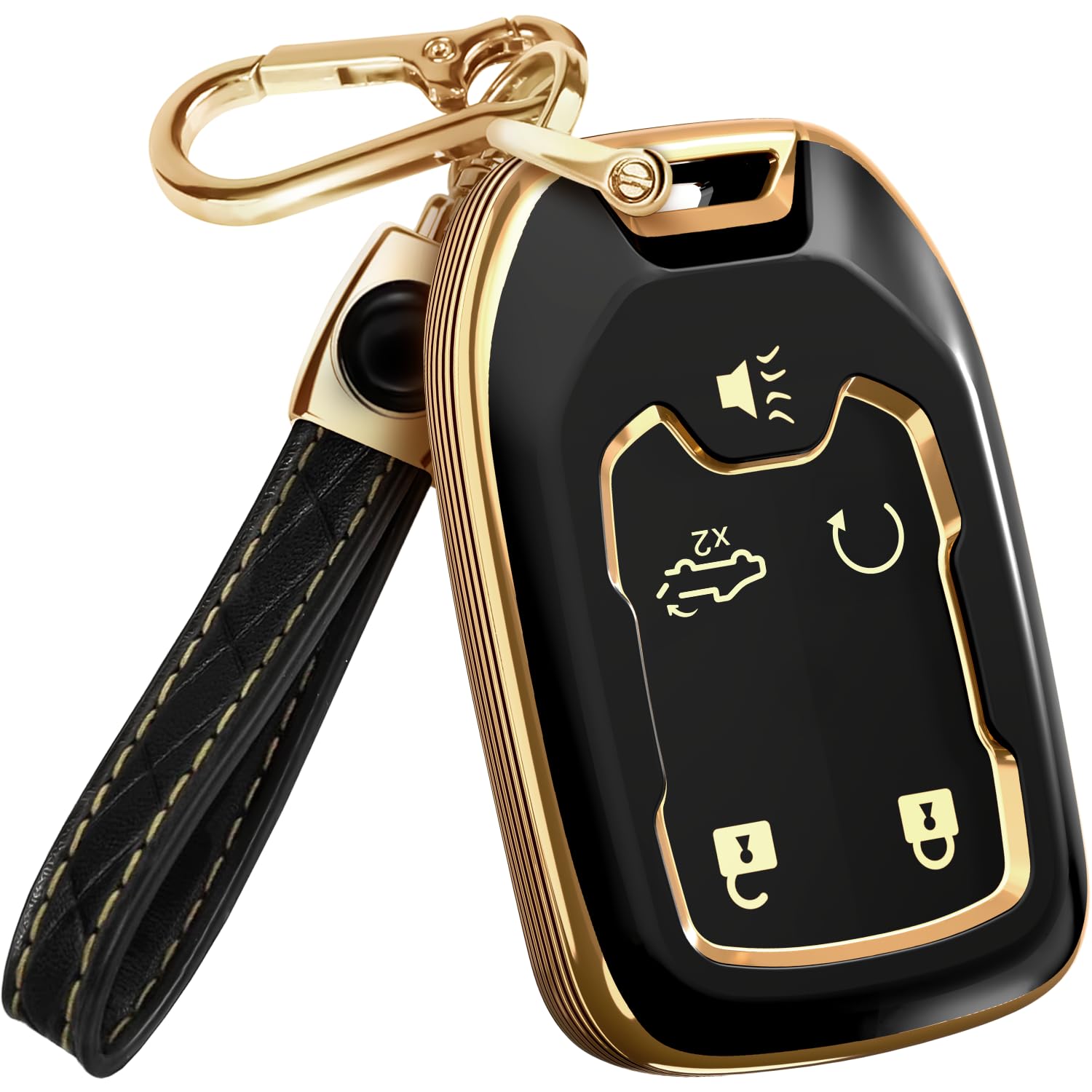 Photo 1 of ***HEAVILY USED COLOR IS FADING AND SCRATCHED*** Lucrum Compatible with Chevy & GMC Key Fob Cover & Leather Keychain, 5 Buttons Keyfob Case for Acadia Sierra Silverado Tahoe Terrain Yukon (2014-2023) - Black and Gold