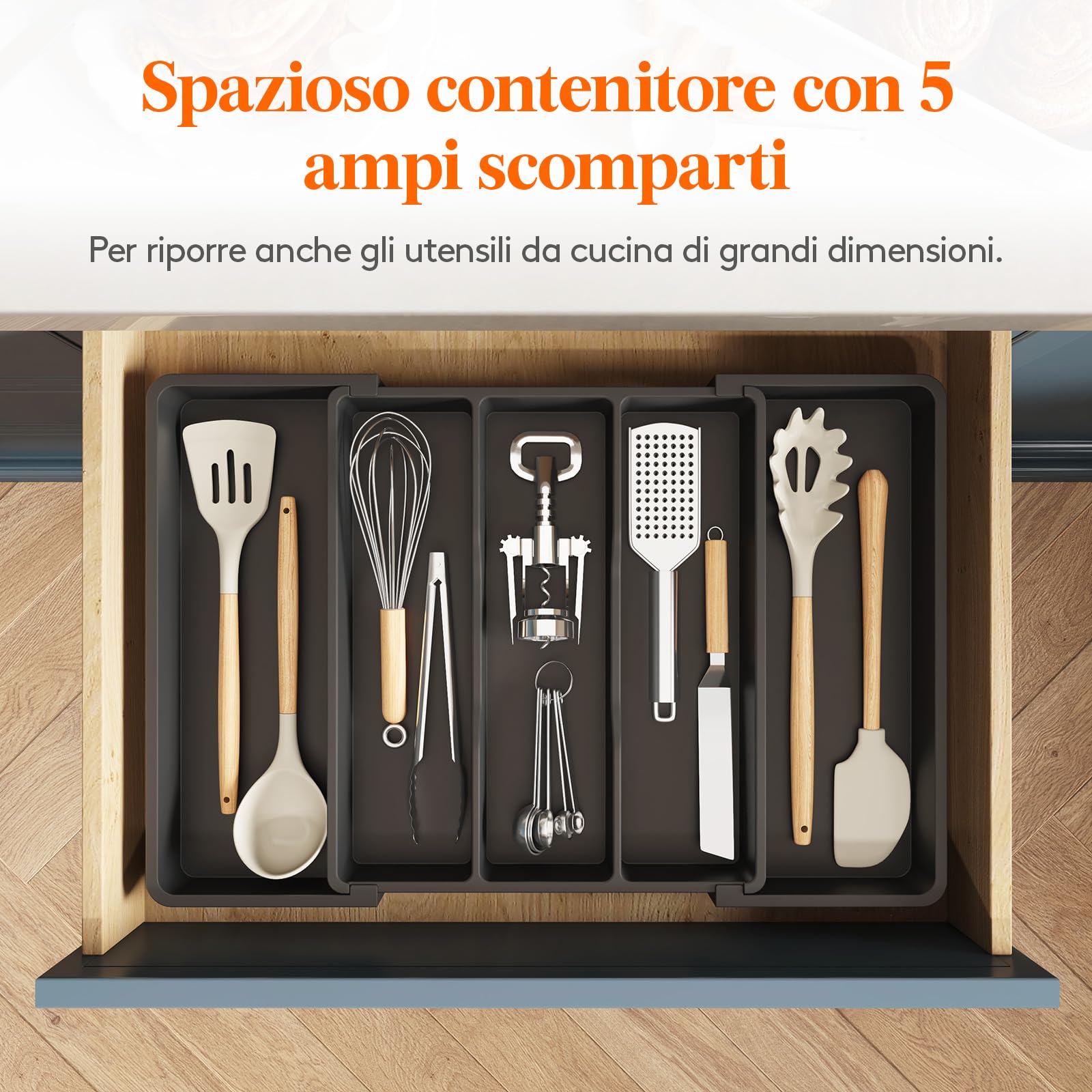 Lifewit Portaposate da Cassetto, Organizer Utensili da Cucina, Porta Posate Regolabile in Plastica, per Utensili e Accessori, Profondità 38 cm, Espandibile fino a 57 cm, Pacchi 1, Nero