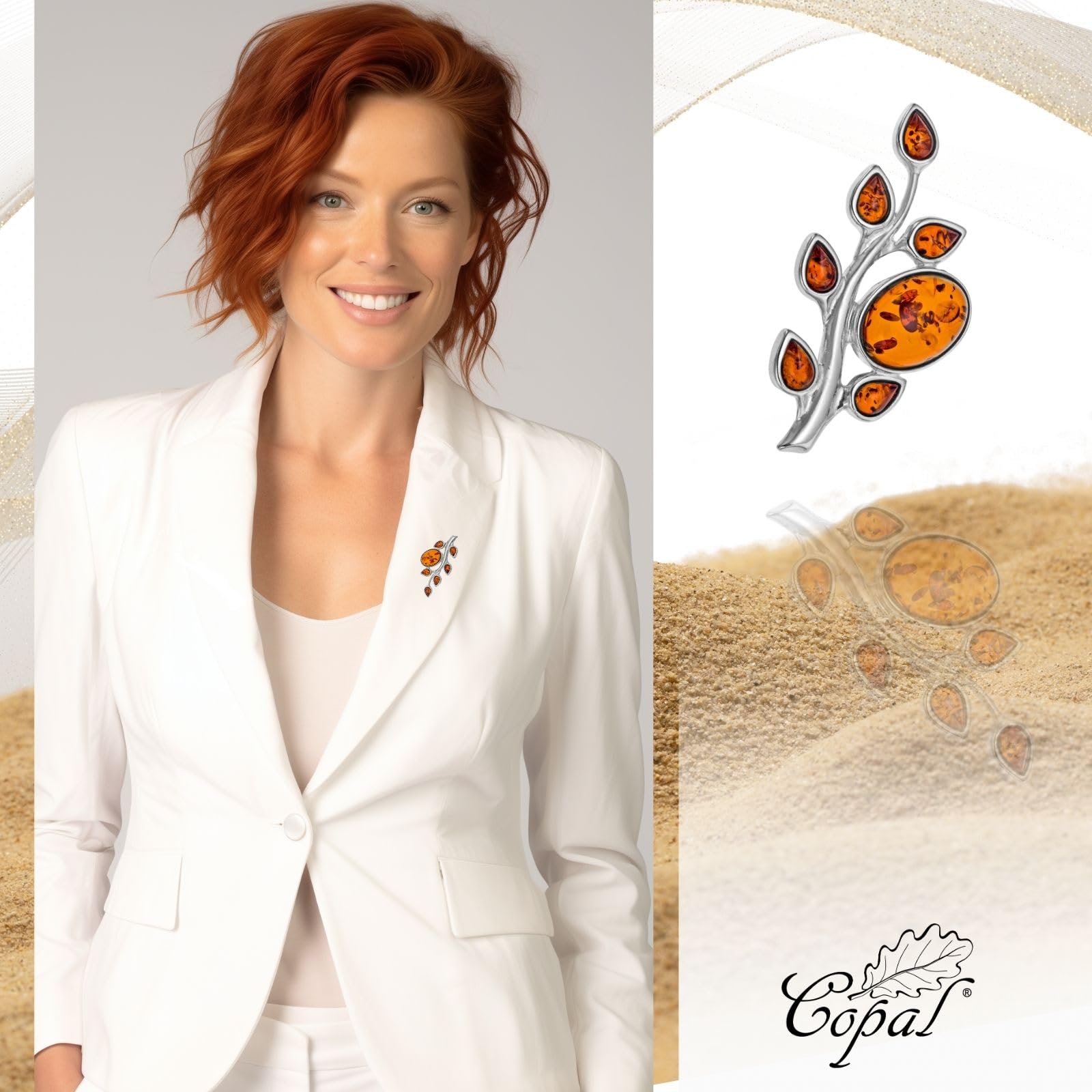 Copal Broche Para Mujer De Plata Con Ámbar En Diseño Natural De Árbol