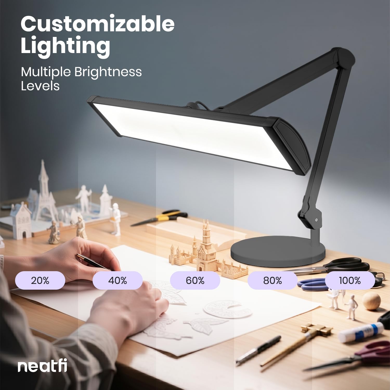 Neatfi Ultra Lampa Biurkowa LED 3500 lm – 45 W | 270 Diod SMD | Bezmigotające Oświetlenie Robocze do Salonów Stylizacji Paznokci, Rękodzieła i Biura (Czarna, Bez CCT z Podstawą)