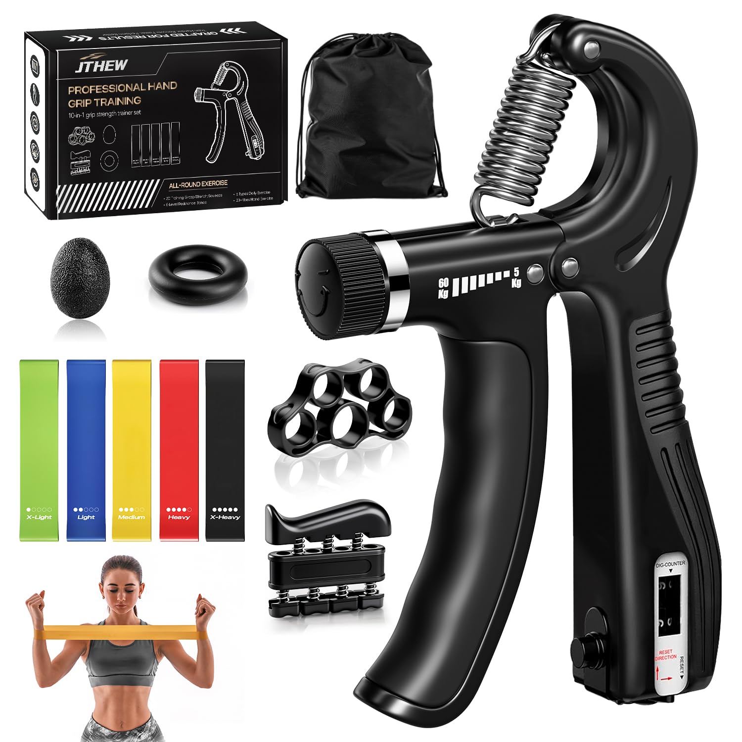 Grip Strength Trainer Kit (10-Pack): Adjustable Hand Gripper & Forearm Strengthener with Finger Stretcher, Ring, Stress Ball & 5 Bands for Muscle & Recovery.