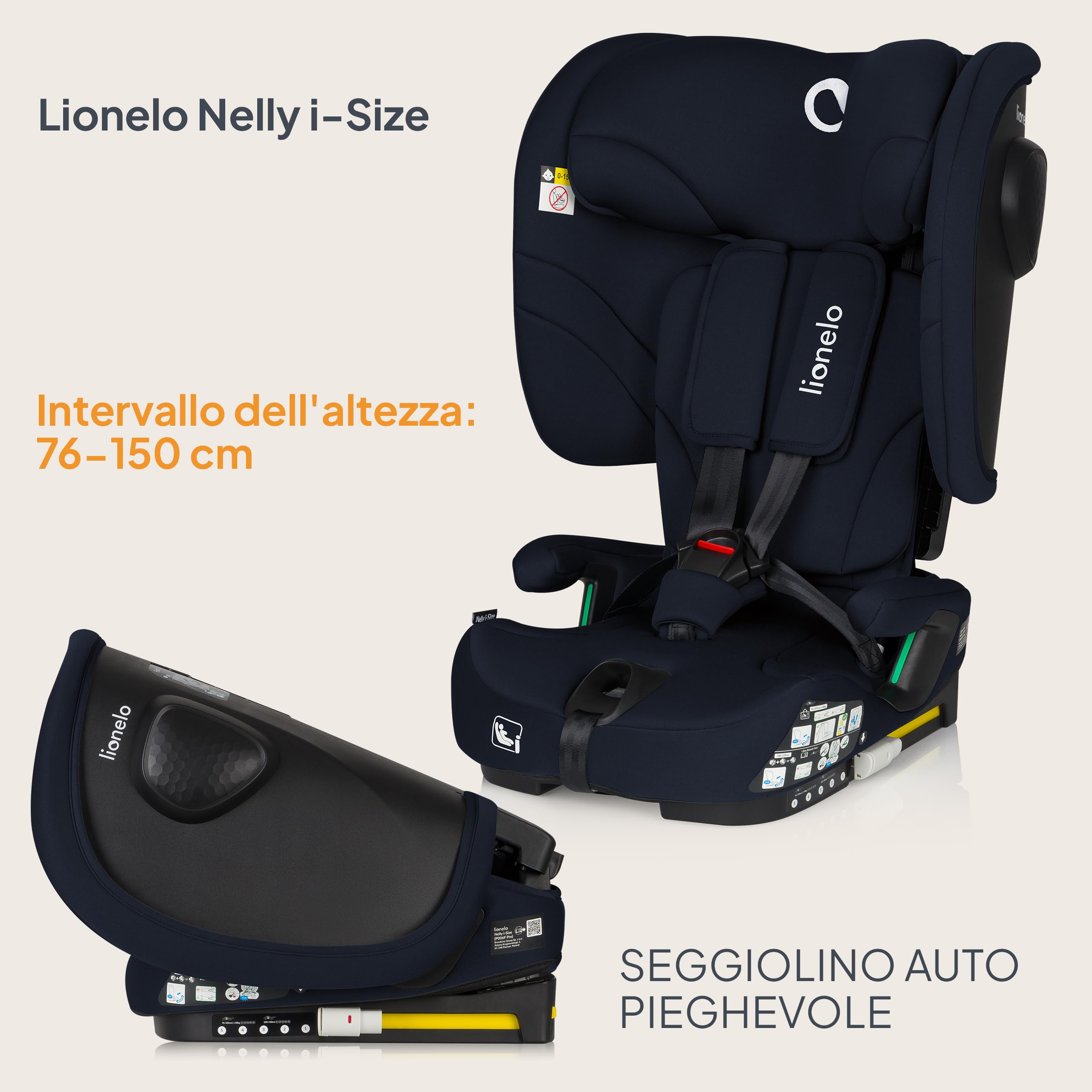 LIONELO Seggiolino Auto NELLY I-SIZE Pieghevole per Bambini 76-150 cm | (15 mesi - 12 anni) Gruppo 1 2 3 Installazione in avanti con ISOFIX o/e Cinghia TT,Protezione Laterale, Regolazione