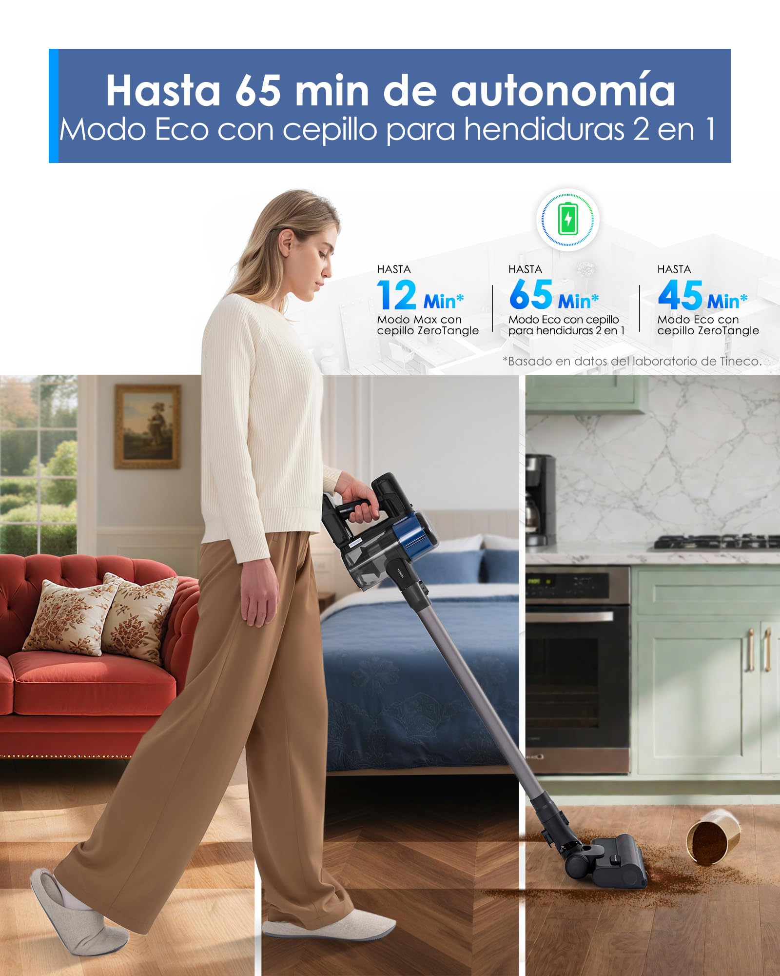 Tineco Pure One S30 Aspiradora Sin Cable, Potente succión, Luz LED | 150 AW, Mayor autonomía hasta 65 min, Sistema de filtración de 6 etapas, Tecnología PureCyclone, ZeroTangle