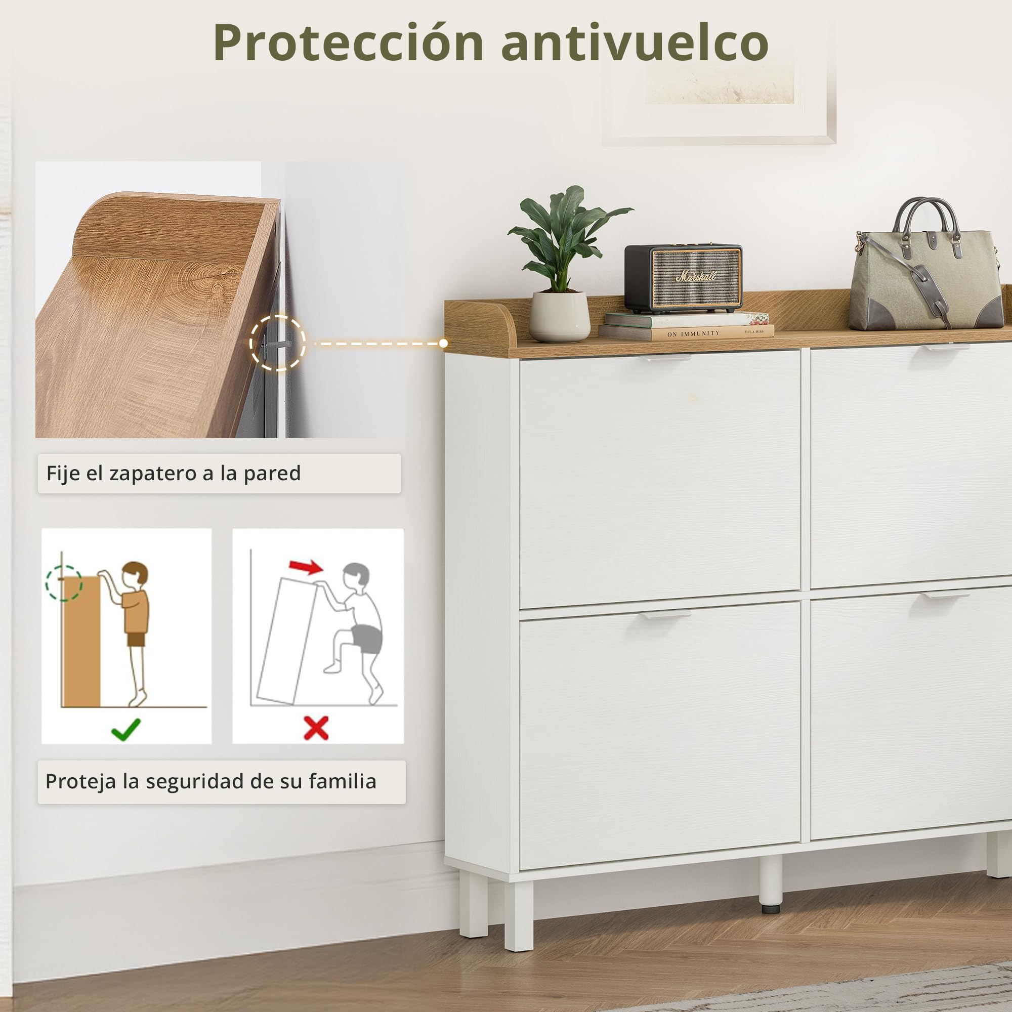 LUE BONA Zapatero, Zapatero Estrecho con 4 Tapas Abatibles, Gabinete Abatible con Base de Madera, Gabinete Cerrado Adecuado para Entrada y Pasillo 100x19x91.5 cm, Blanco.