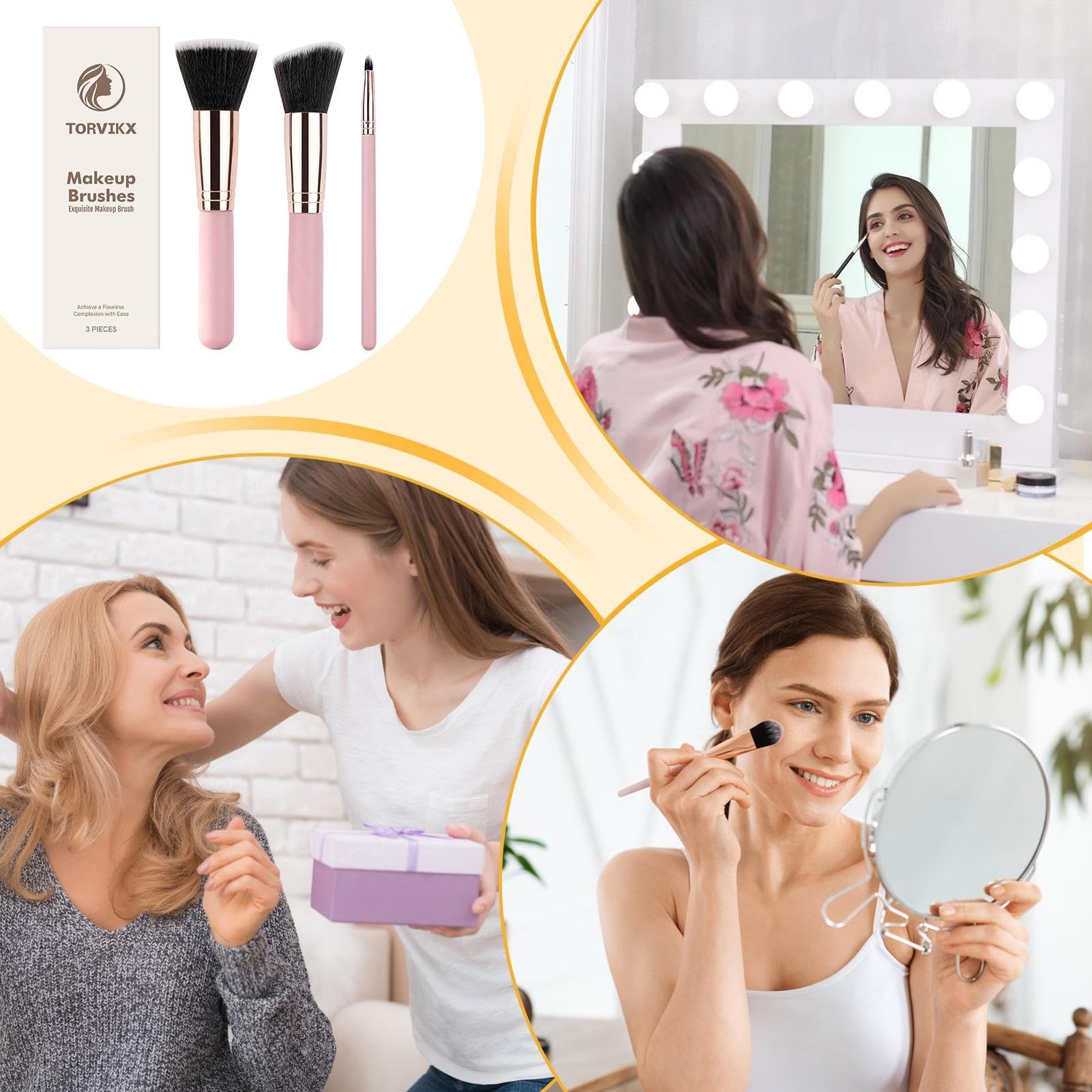 Pennelli per il Trucco del Viso versatili Tre Pezzi con Setole Morbide | Pennelli Soffici Cosmetici per Fondotinta Per Donne Ragazze Principianti Quotidiano E Viaggio Blush Ombretto Contour