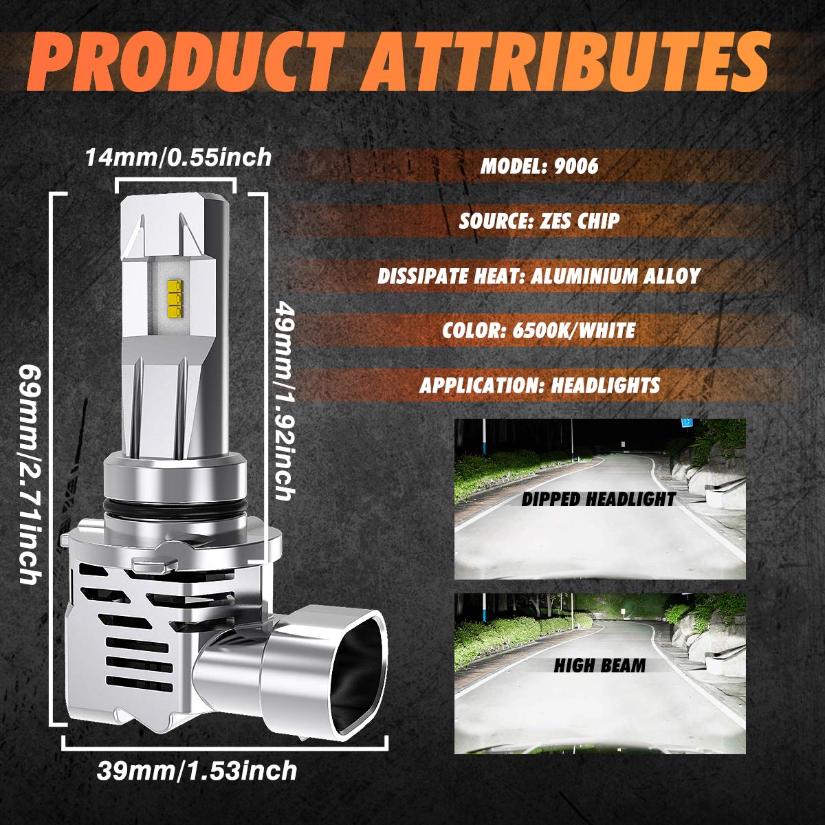 9006 HB4 Ampoules de Phares à LED Kit de Conversion Remplacement de Phare Halogène Puissance élevée 55W Puces ZES Double Face 10000LM et 6500K Blanc Xénon DC 9V - 32V (Lot de 2)
