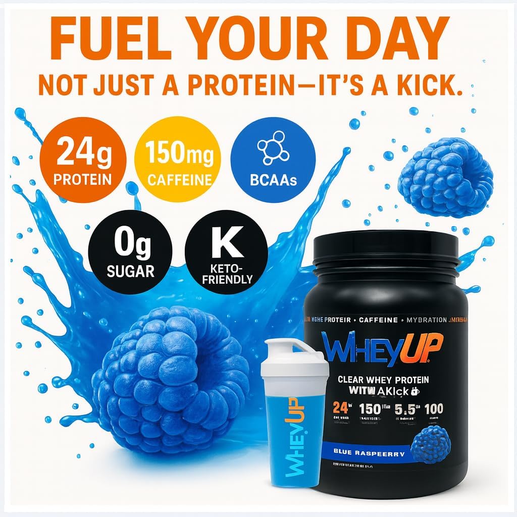 WheyUP Clear Whey Isolate Protein Powder, Blue Raspberry - 150mg Caffeine - 20 Servings - 24g Protein - 5.5g BCAA'S - 100 Cal. - 0g Sugar - 500mg Coconut Water for Hydration - Pre-Post Workout Drink