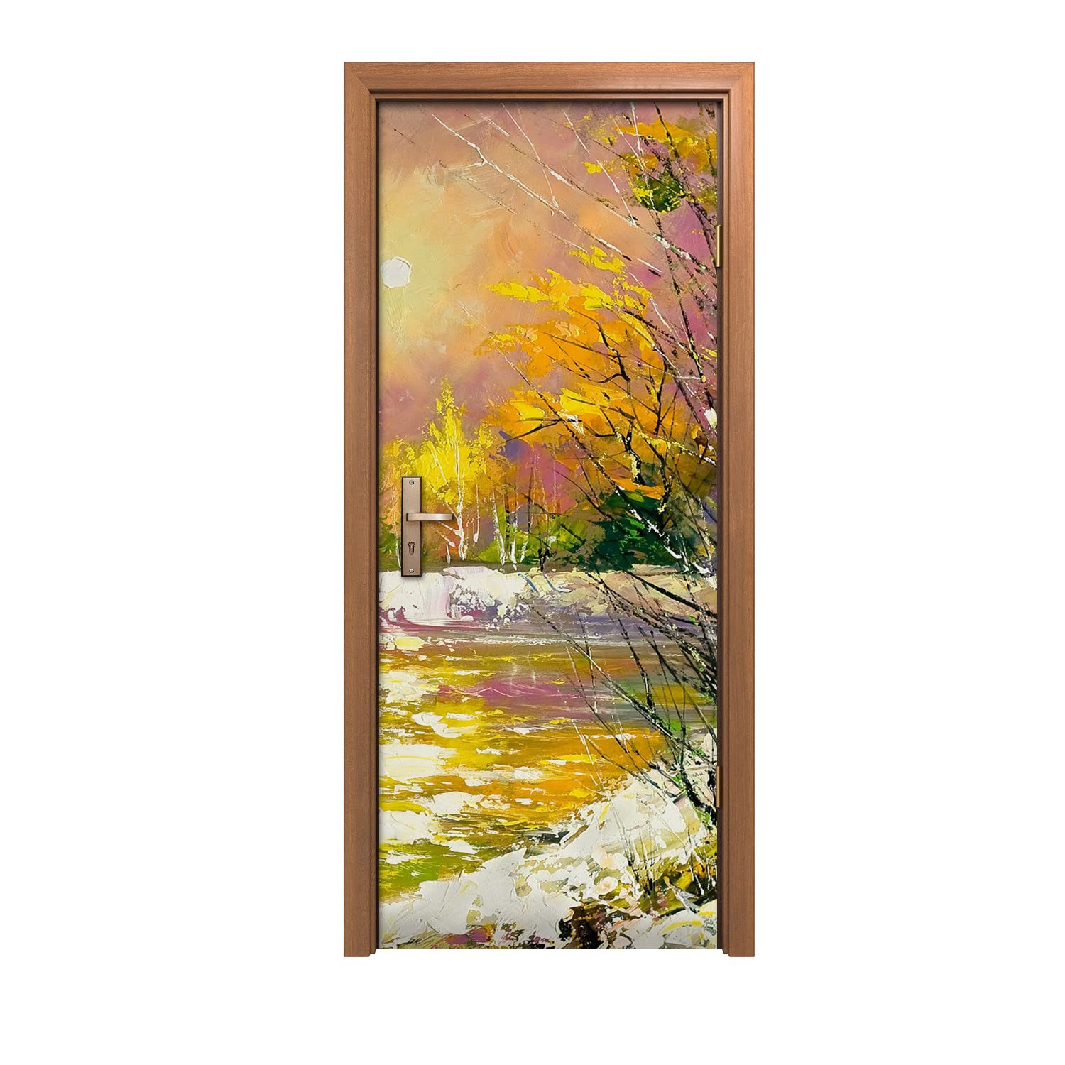 Autocollant de porte lavable 80x200cm effet murale Eau d'hiver forestière