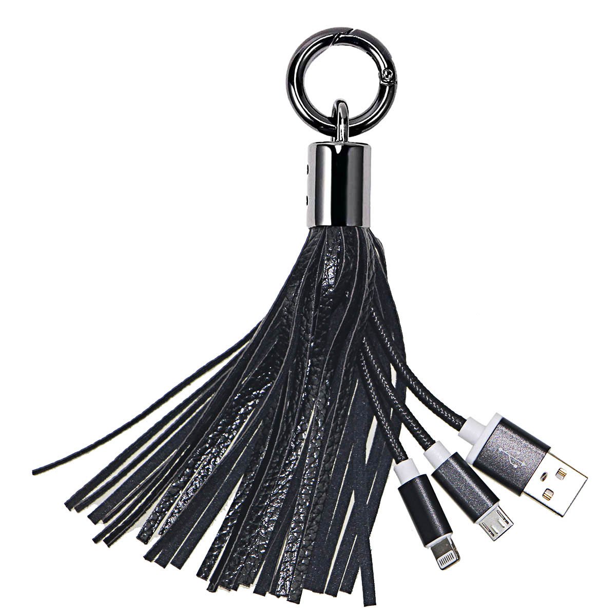 Keychain Phone Charger Cable Leather Tassel Key Ring Chargering Cable Fast Lightning 2 in 1 Multiple Micro Sync USB Cables Cord for iPhone, Samsung Phone and Other iOS Android Cell Phone(Black)