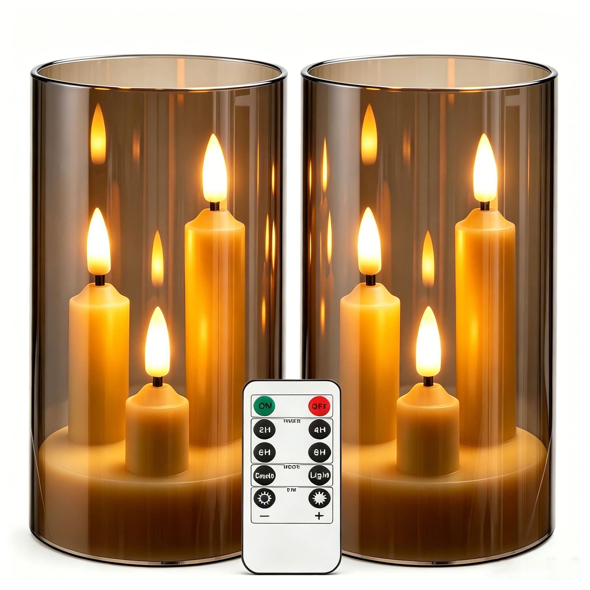 Da by 2 Pack 3-Core LED Taper Candles, Grey Transparent Acrylic Shell Flameless Candles with Remote Control, Realistic Flickering LED Candle Lights for Home Wedding Christmas Indoor Decor