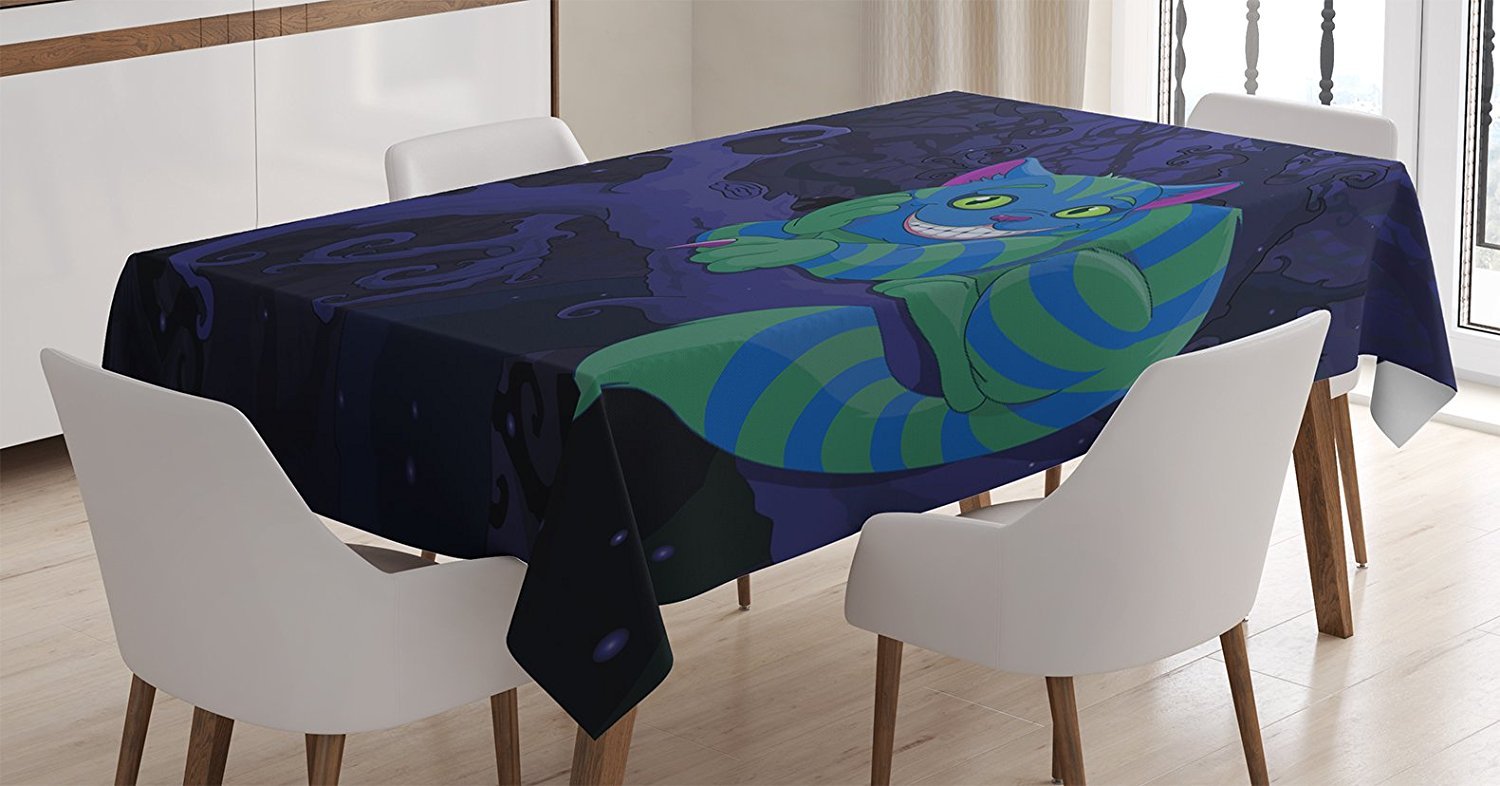 Ambesonne Alice in Wonderland Tablecloth, Chester Cat Sitting on Branch Forest Character, Rectangular Table Cover for Dining Room Kitchen Decor, 60
