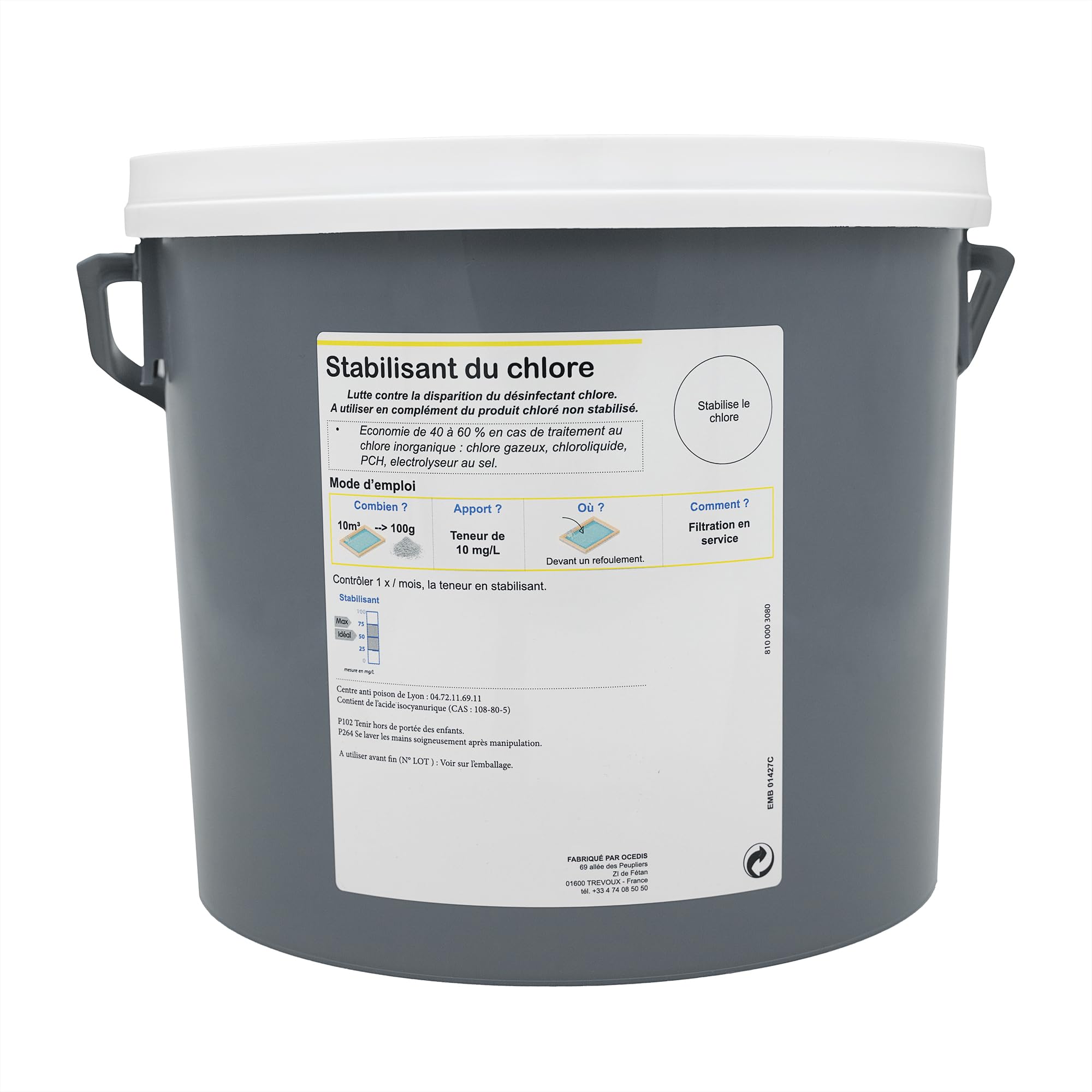 OCEDIS STABILISANT du Chlore Poudre - 5kg | Stabilisant - Stabilisateur du Chlore + 10 Tests HPS OFFERTS 6 en 1