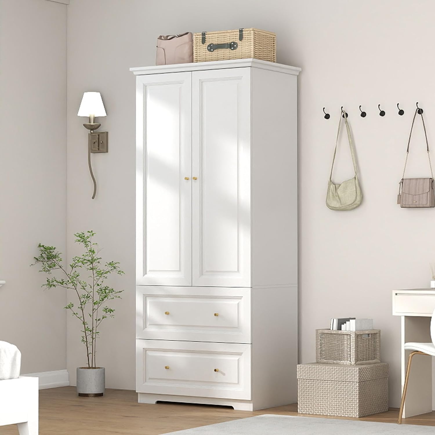 Bedroom Armoire Wardrobe Closet with Drawers: White Wardrobe Closet for Hanging Clothes, Large Wardrobes Storage Closets, Wood Closets Cabinets with Doors and Shelves (White, 31.5")
