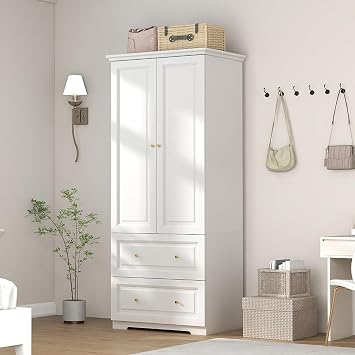 Bedroom Armoire Wardrobe Closet with Drawers White Wardrobe Closet for Hanging Clothes, Large Wardrobes Storage Closets, Wood Closets Cabinets with Doors and Shelves White, 31.5"