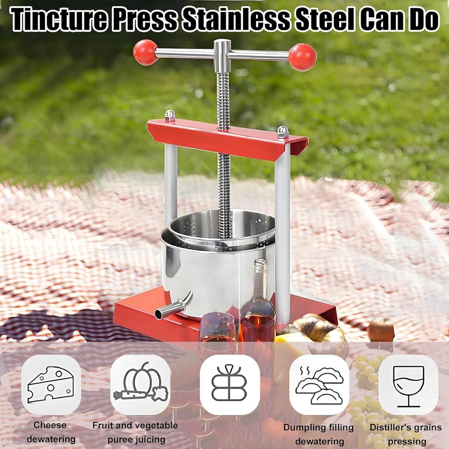 Cheese Tincture Herb Fruit Wine Manual Press -0.8 Gal/1.6Gallon Fruit Wine Press,Power Ball Handle-Stainless Steel & Iron,2 Stainless Steel Barrels,Homemade Juices(3L)