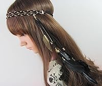 Vista 2 de Diadema trenzada doble bohemia para mujer con borlas, diadema de plumas hippie, diadema hecha a mano, tocado indio, tocado, bandas para el cabello