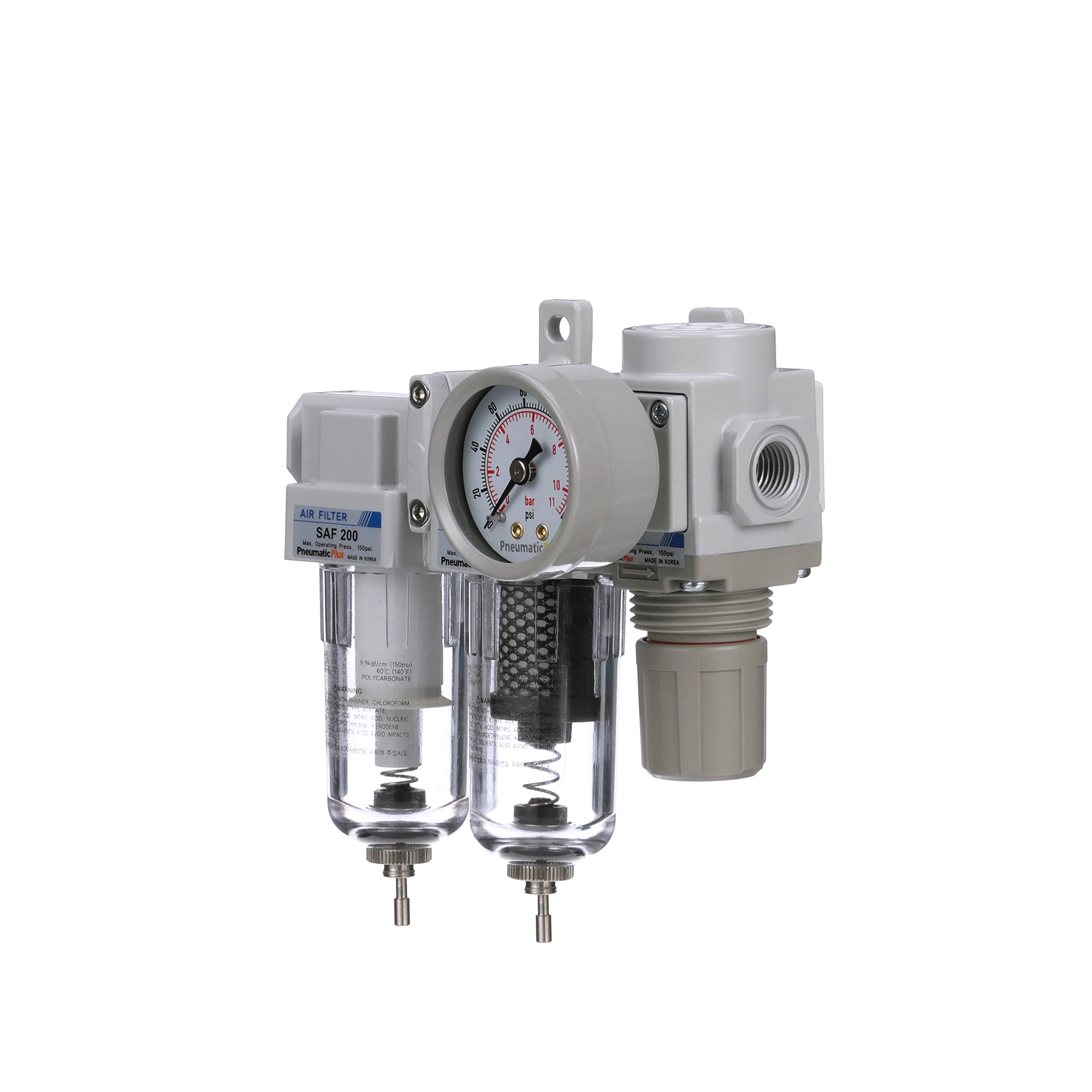 PneumaticPlus SAU230-N02G - Sistema di essiccazione dell'aria a tre fasi, 6,35 mm NPT, filtro dell'aria antiparticolato, filtro a coalescenza, combinazione di regolatore di pressione dell'aria, scocca