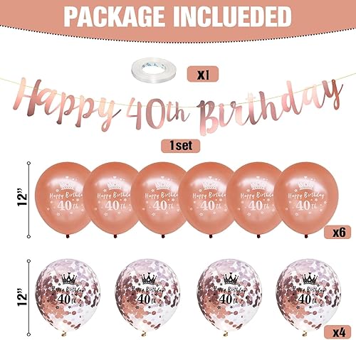 Miniatura 2 de Kit de decoración de cumpleaños número 40, 12 piezas de decoraciones de fiesta de cumpleaños de oro rosa con banderines de feliz cumpleaños 40,