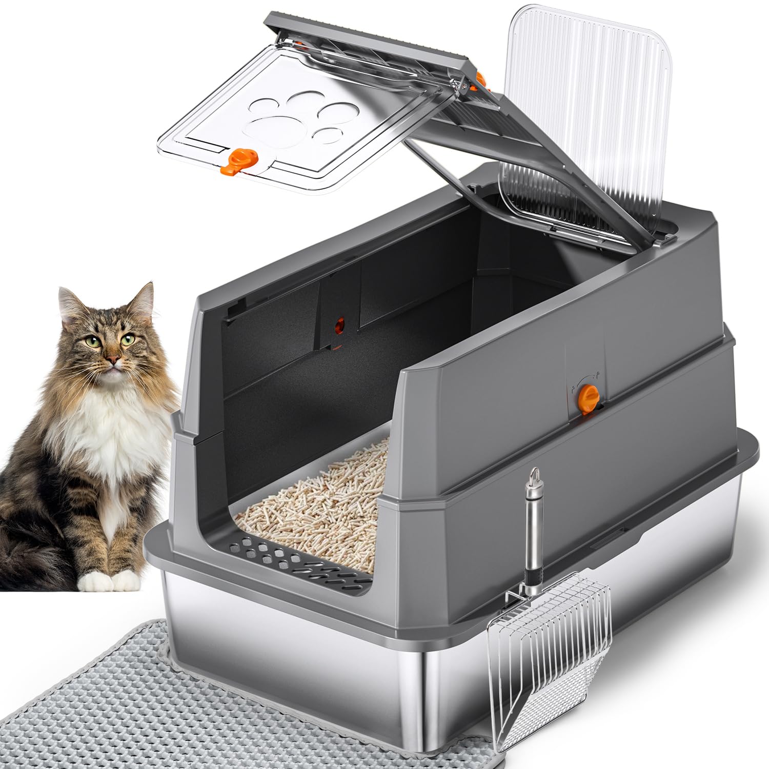 Edelstahl Katzenklo mit Deckel, 155° Klappdeckel XL Katzentoilette, Geschlossene Metall-Klobox inkl. Matte & Schaufel, Hohe Wände, Auslaufsicher, Front- & Deckel-Einstieg