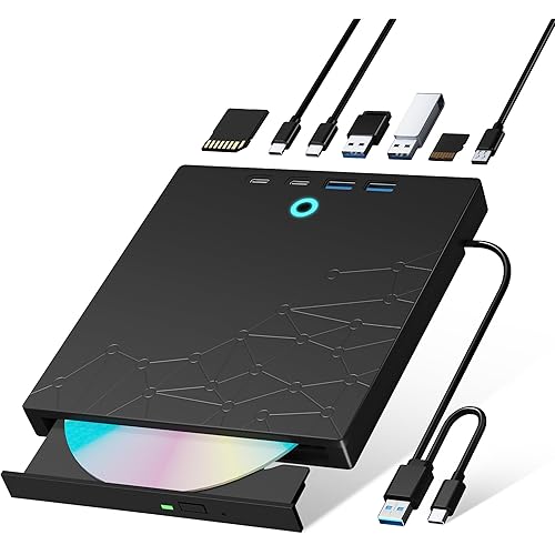External CD/DVD Drive for Laptop, DVD Burner CD Reader for Laptop, 8-in-1 USB 3.0 Portable CD Players with SD/TF Ports, External Disk Drive Optical for MacBook Windows 11 10 PC Linux OS