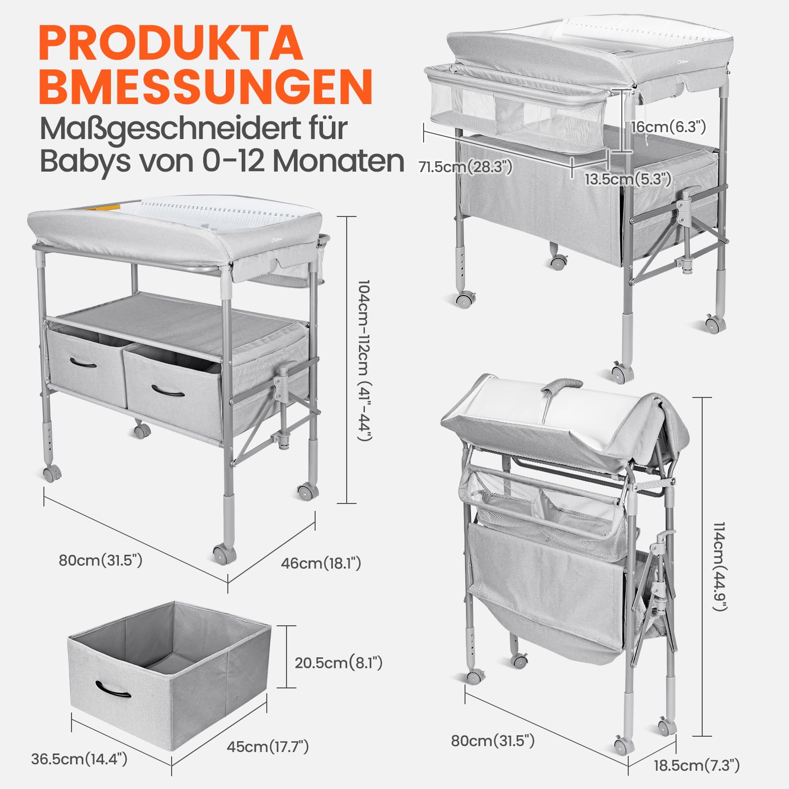 Orzbow Baby Wickelkommode mit Schubladen und Nachtlicht, Höhenverstellbarer Mobiler Wickeltisch Klappbar mit Sicherheitsgurt, Grau