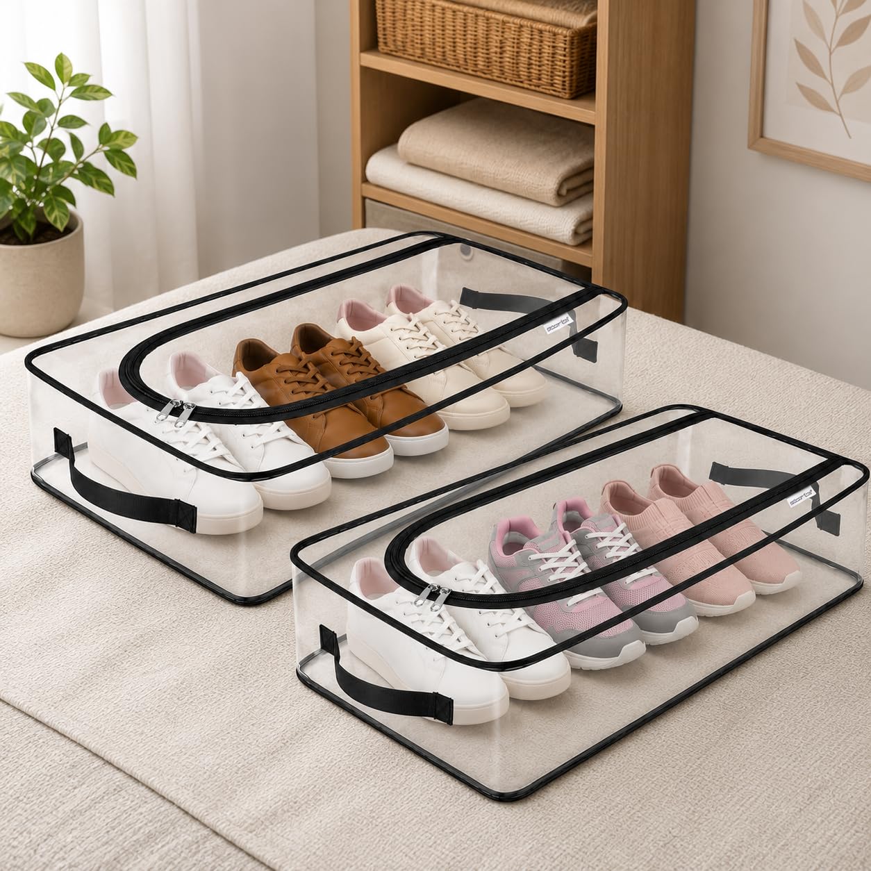 Storite 2 Pcs PVC Foldable Transparent Shoe Storage Organizer | Shoe Storage Box for Home/Stackable Footwear Organiser/Shoe Rack with Handle & Zipper (60x34x14 Cm)