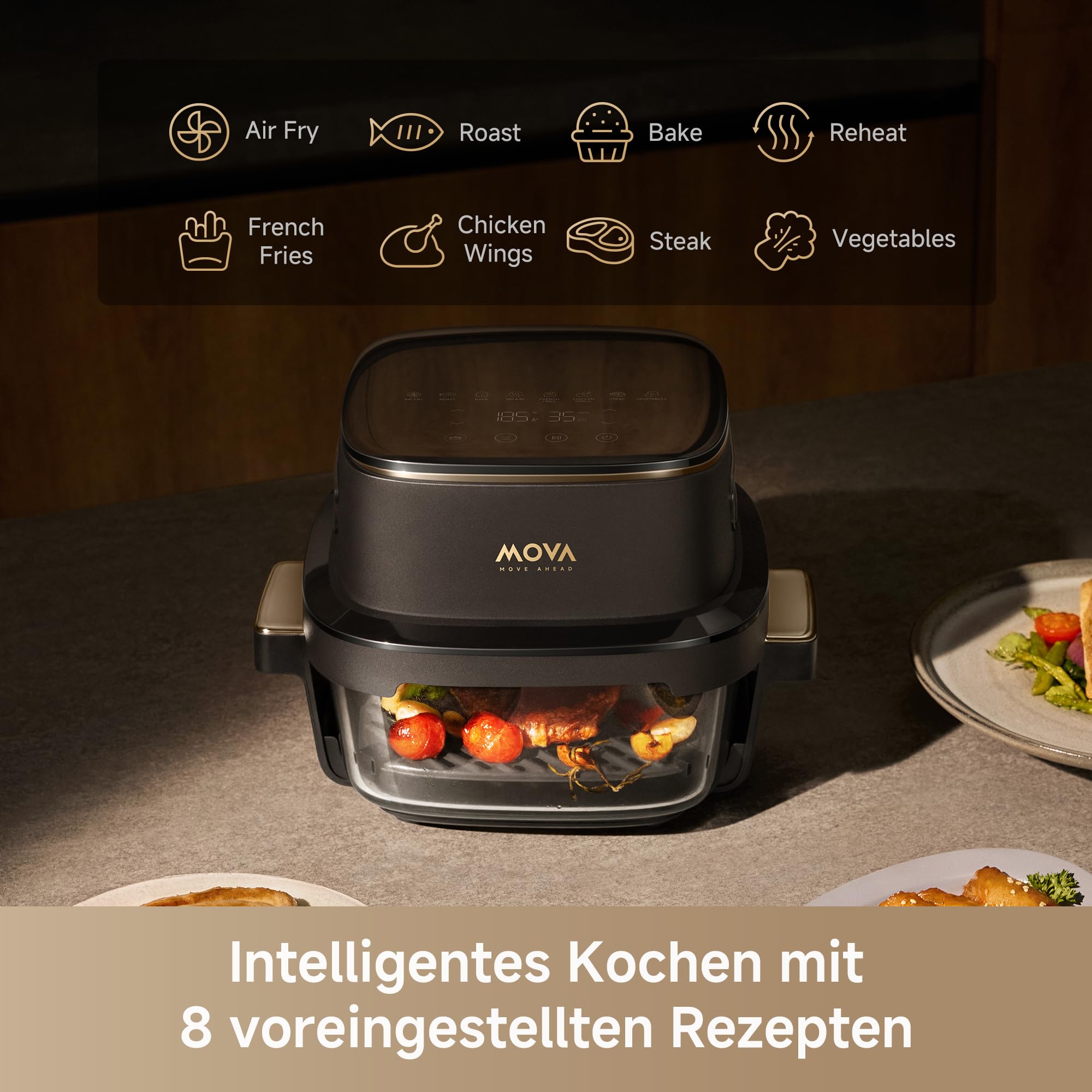 Mova Aeroglass AF20 Pro Heißluftfritteuse: Transparenter Glasinnenraum, Doppeltes Fassungsvermögen (4 l + 2,5 l), Glasschüssel, Bürstenloser Motor, 8 Rezepte, 40–210 °C, Intelligente Voreingestellte