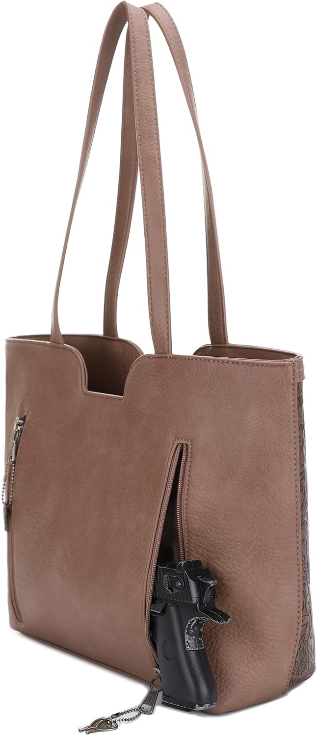 JESSIE & JAMES | Cassidy Tooled Women Concealed Carry Tote Bag with Lock and Key, Top Handle Shoulder Bag with Wristlet