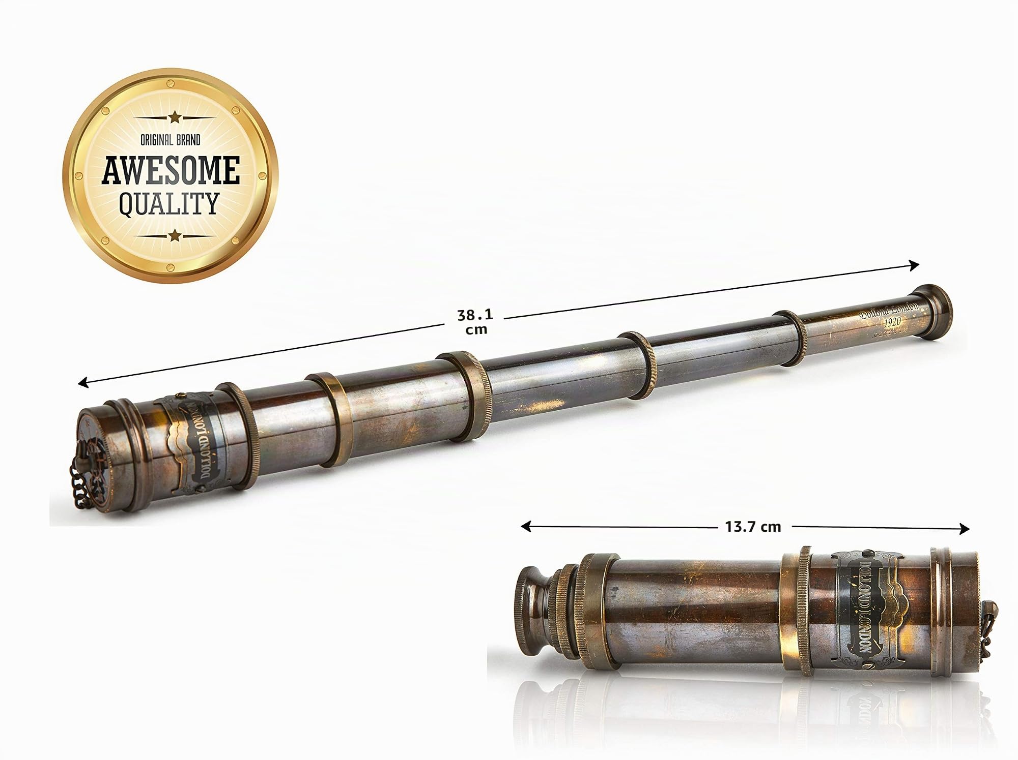 Dollond London 1920 Telescopio hecho a mano | Catalejo náutico antiguo | Reproducción Antigua Funcionante | Monocular en Latón | 15 pulgadas de largo | Decoración coleccionable | Para niños
