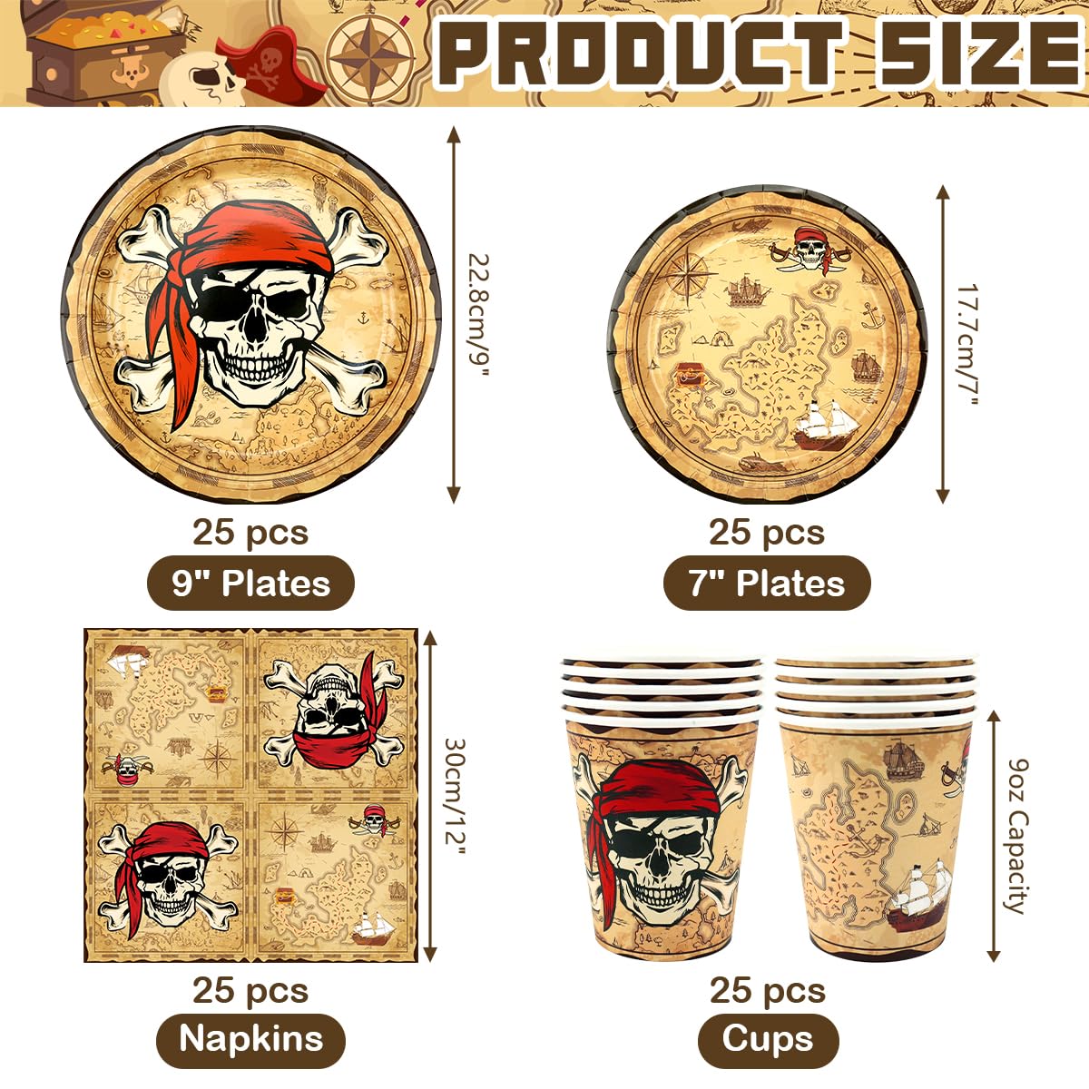 Lot de 100 décorations de fête pirate, vaisselle de table pirate comprenant assiettes, serviettes et gobelets pour enfants, garçons, décoration de fête du trésor d’anniversaire, décorations d - 2