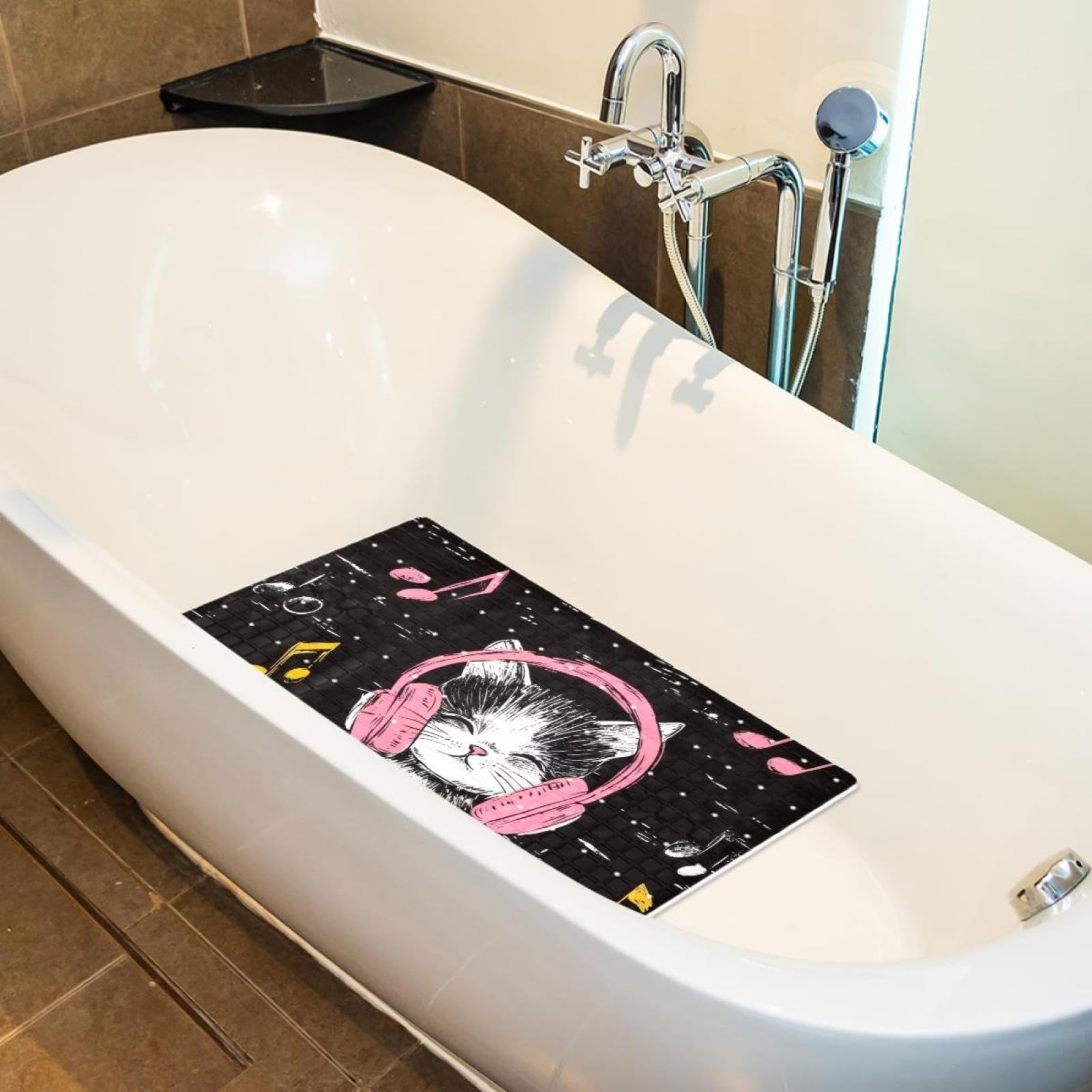 Badematte für die Badewanne, Motiv: niedliche Katzen, Kätzchen, die Musik hören, mit Kopfhörern, rutschfest, rechteckig, Duschmatte mit Saugnäpfen, maschinenwaschbar, 39,9 x 70,9 cm