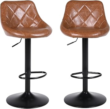 Swivel Bar Stools Set 2, Adjustable Height, PU Leather, Brown