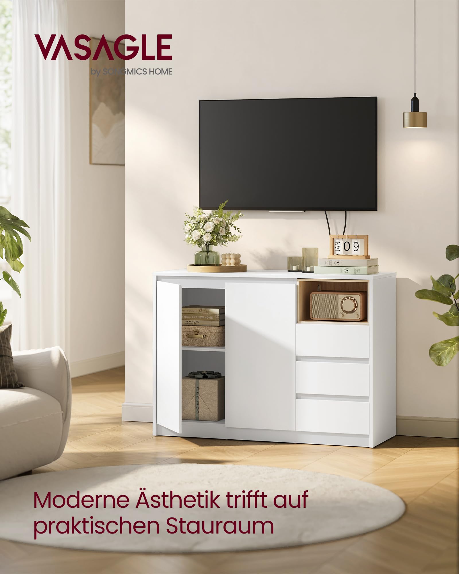 VASAGLE Kailyn Kollektion - Aufbewahrungsschrank, Sideboard, Küchenschrank mit Türen, höhenverstellbare Ablage, 3 Schubladen, modern, 40 x 103,3 x 74,5 cm, wolkenweiß BBK273W21V1