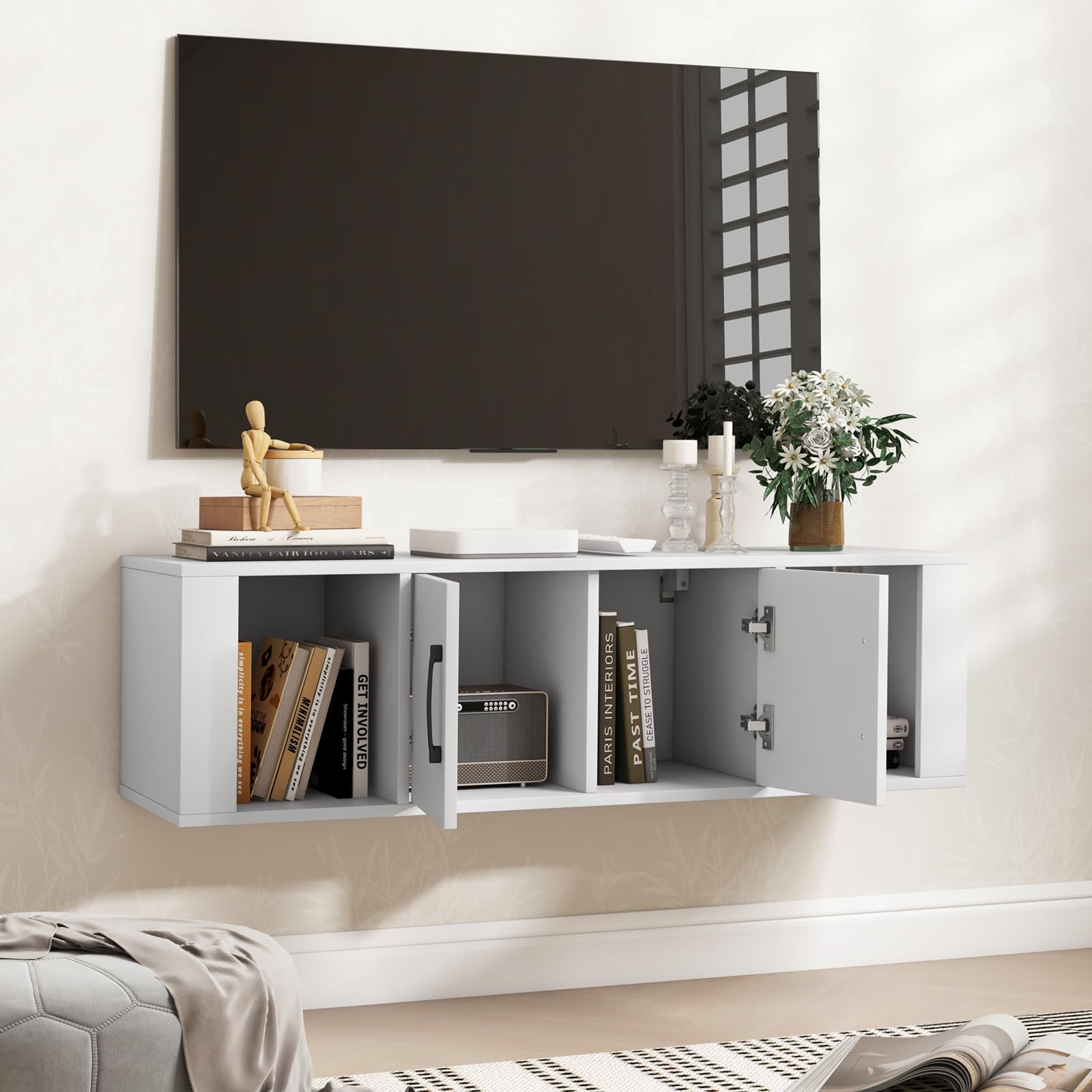 GIANTEX Armario de Pared, Mueble TV Suspendido con 2 Puertas, 2 Cubos Abiertos, Carga hasta 60 kg, Estantería Colgante para Baño, Dormitorio, Salón, Cocina, 108 x 33 x 30,5 cm (Blanco)