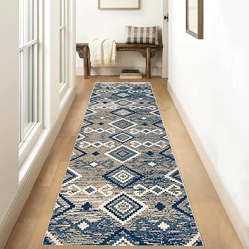 Blue Runner Rugs for Hallway 110x260cm Washable Kitchen Runner Carpet Runner, Non-slip Low Pile Modern Geometric Pattern Area Rugs for Laundry Kitchen Hallway Bedroom Living room