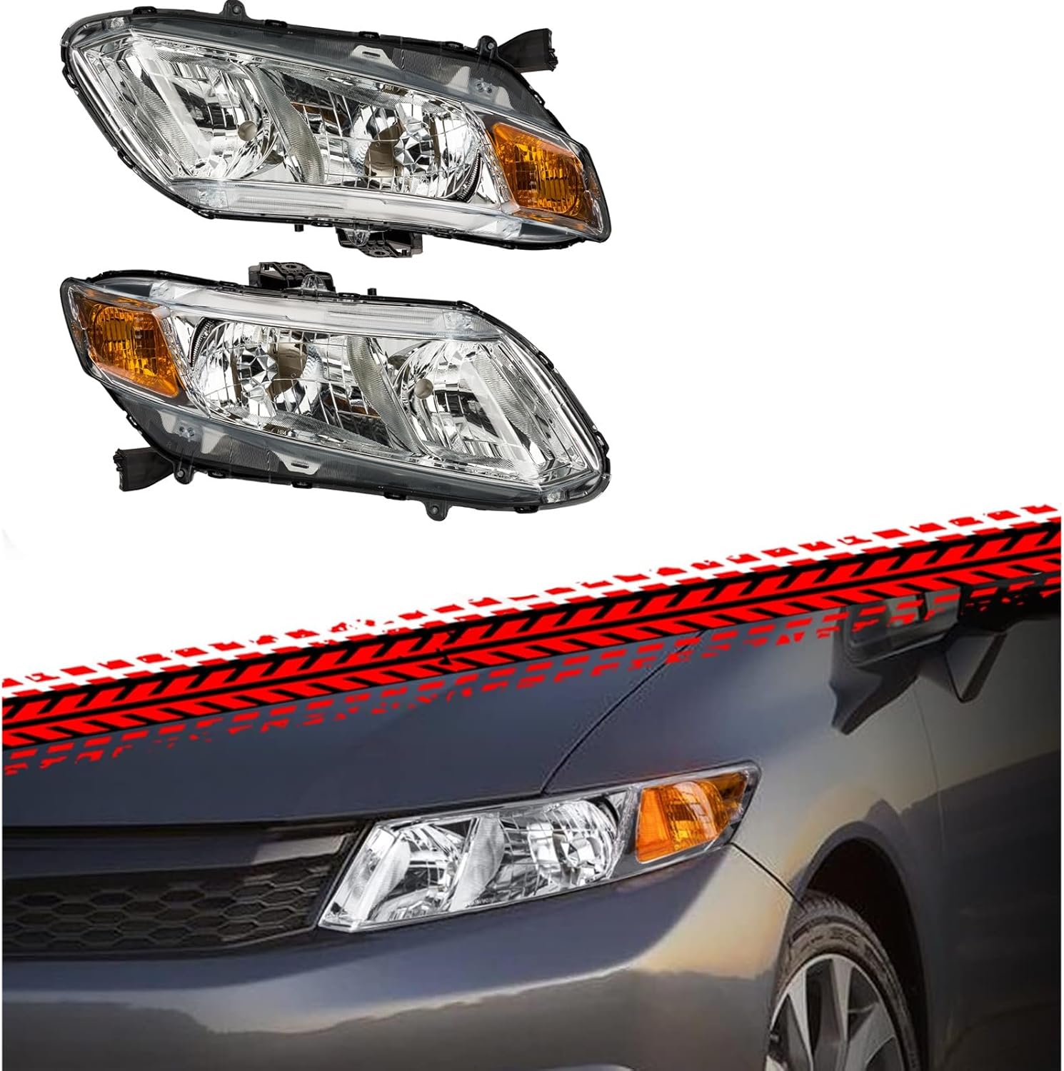 PHILTOP Headlights Assembly Compatible with Honda Civic 2012 2013 2014 2015,Honda Civic Sedan 2014 2015,Clear Lens Chrome Housing Amber Reflector,Left+Right Pair