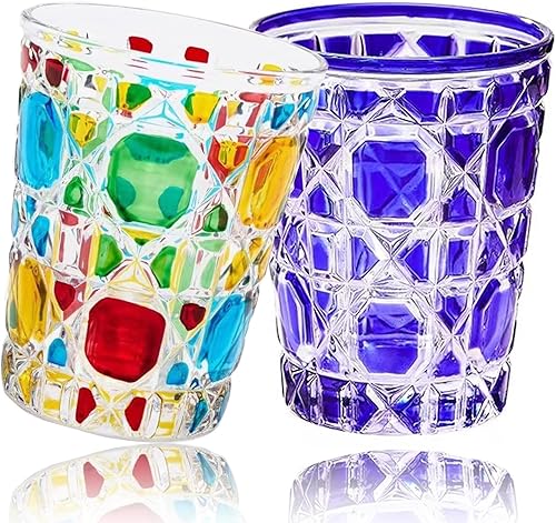 Juego de vasos de whisky coloridos, vasos de bebida de 10.4 onzas, vasos de agua, 2 vasos de bar a cuadros dimensionales, juego moderno de vasos de disponible en Yaxa Peru