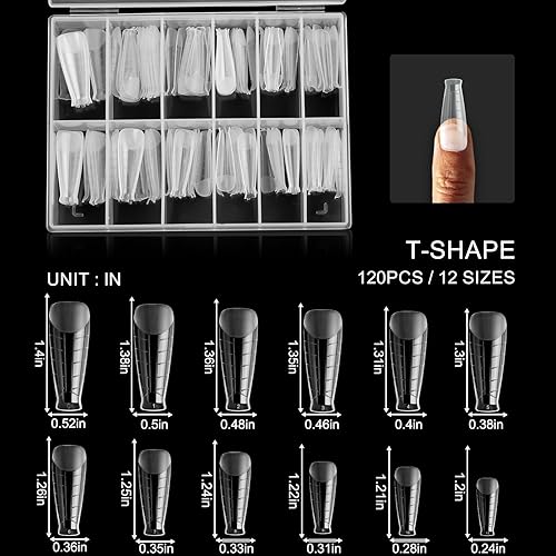 Miniatura 5 de C12rtive 120 formas de uñas de polietileno de extensión en forma de T, moldes reutilizables de cobertura completa, 12 tamaños para pegamento de gel